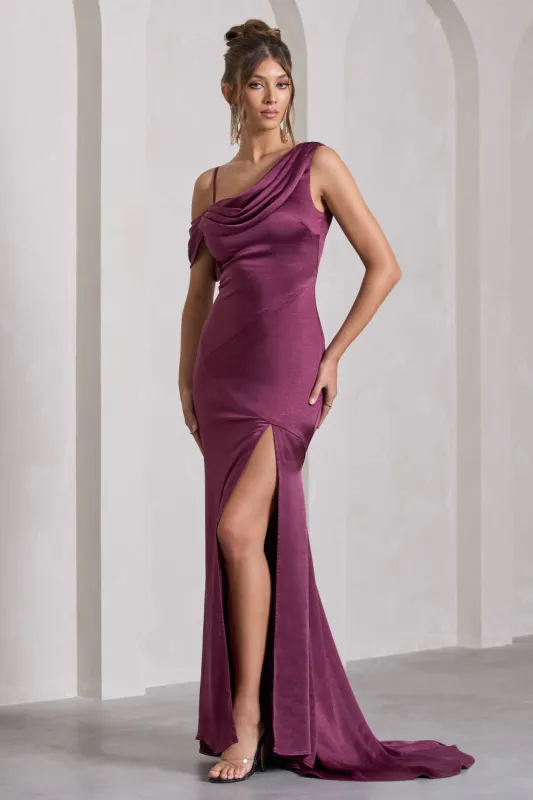 Jayne | Plum Satin Asymmetric Draped Split Maxi Dress made by Club L London