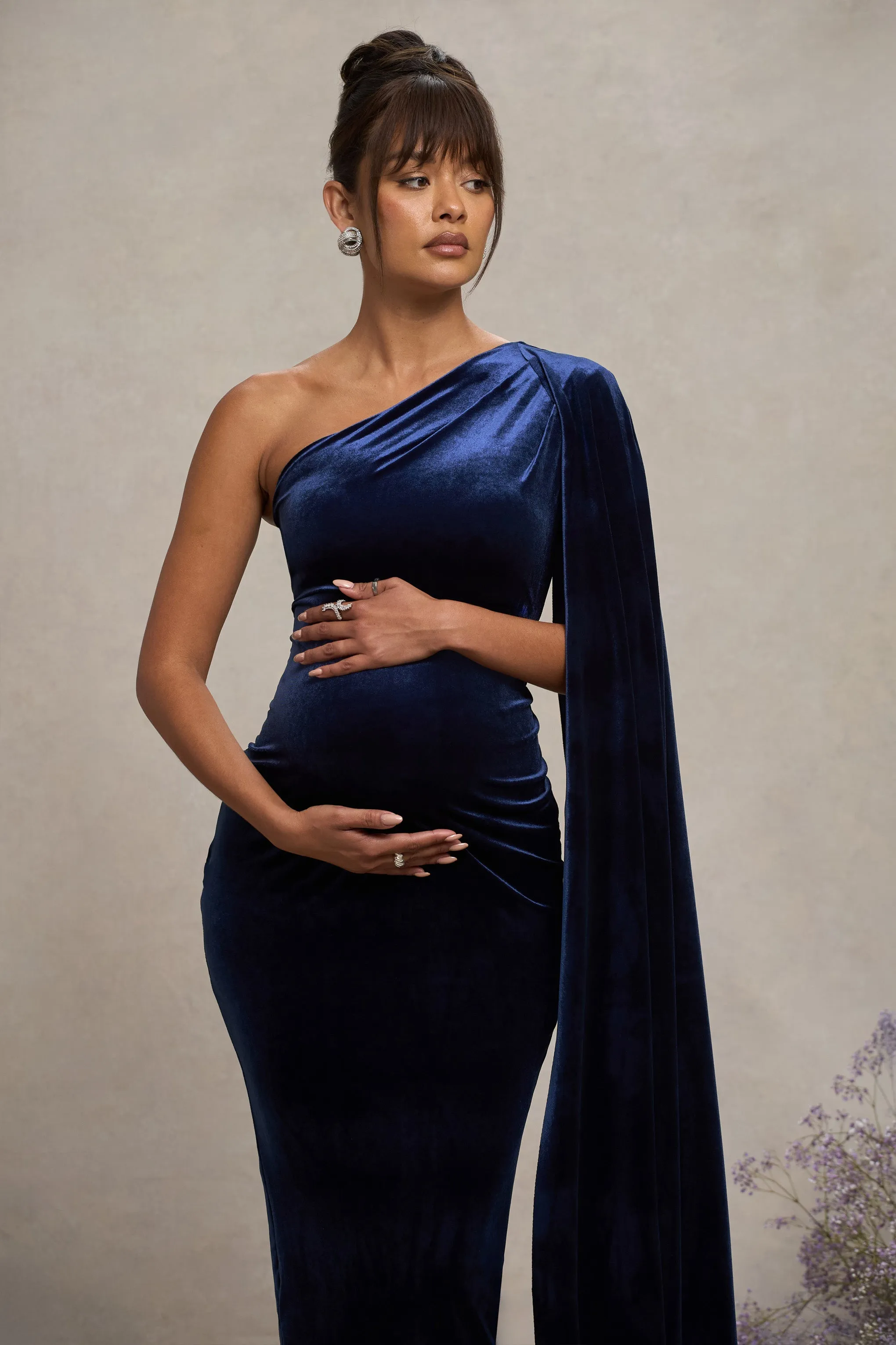 Amaryllis | Navy Velvet Maternity One Shoulder Maxi Dress with Cape Sleeve sold by Club L London product image thumbnail 3