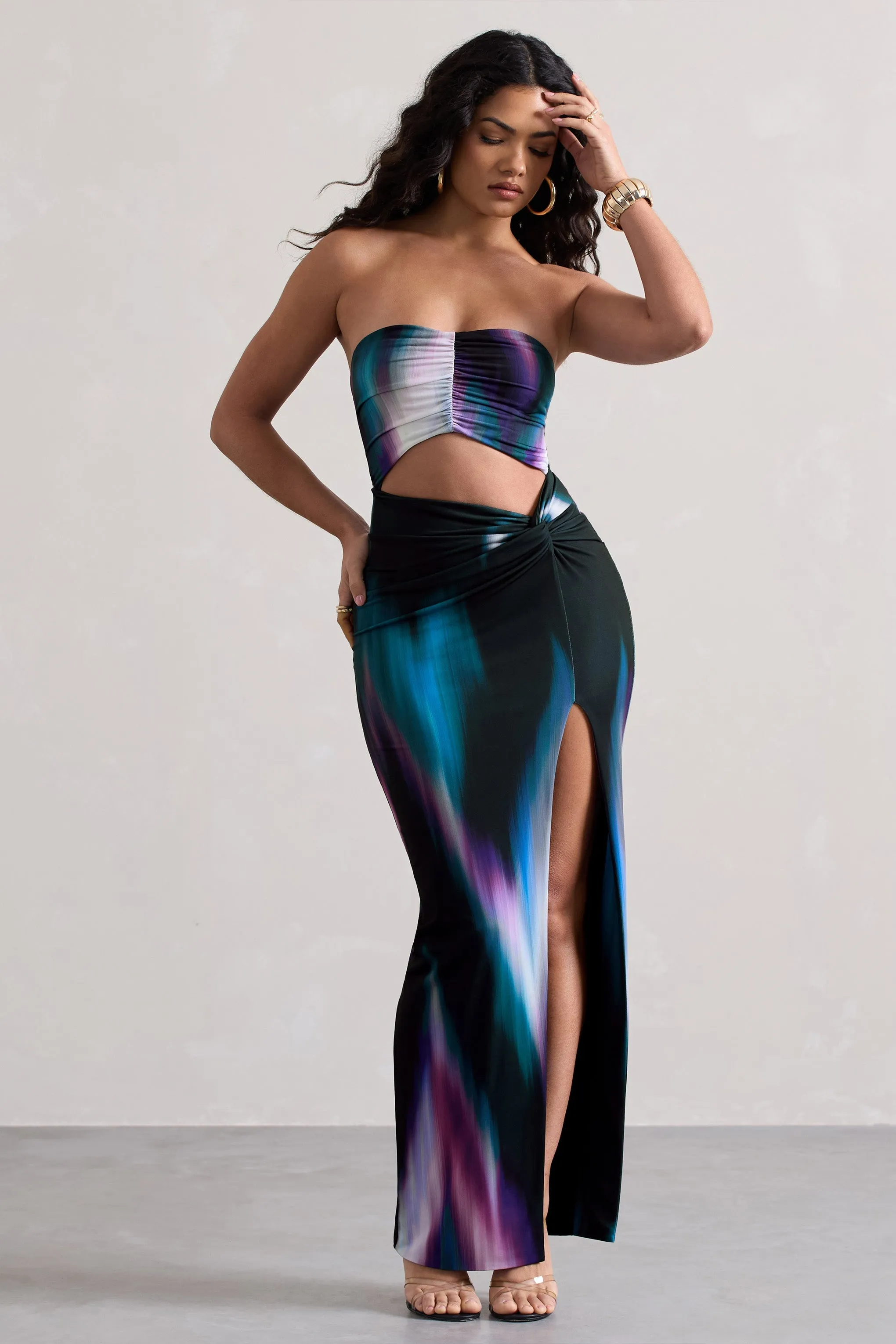 Getaway | Purple Print Bandeau Cut-Out Maxi Dress With Twist sold by Club L London