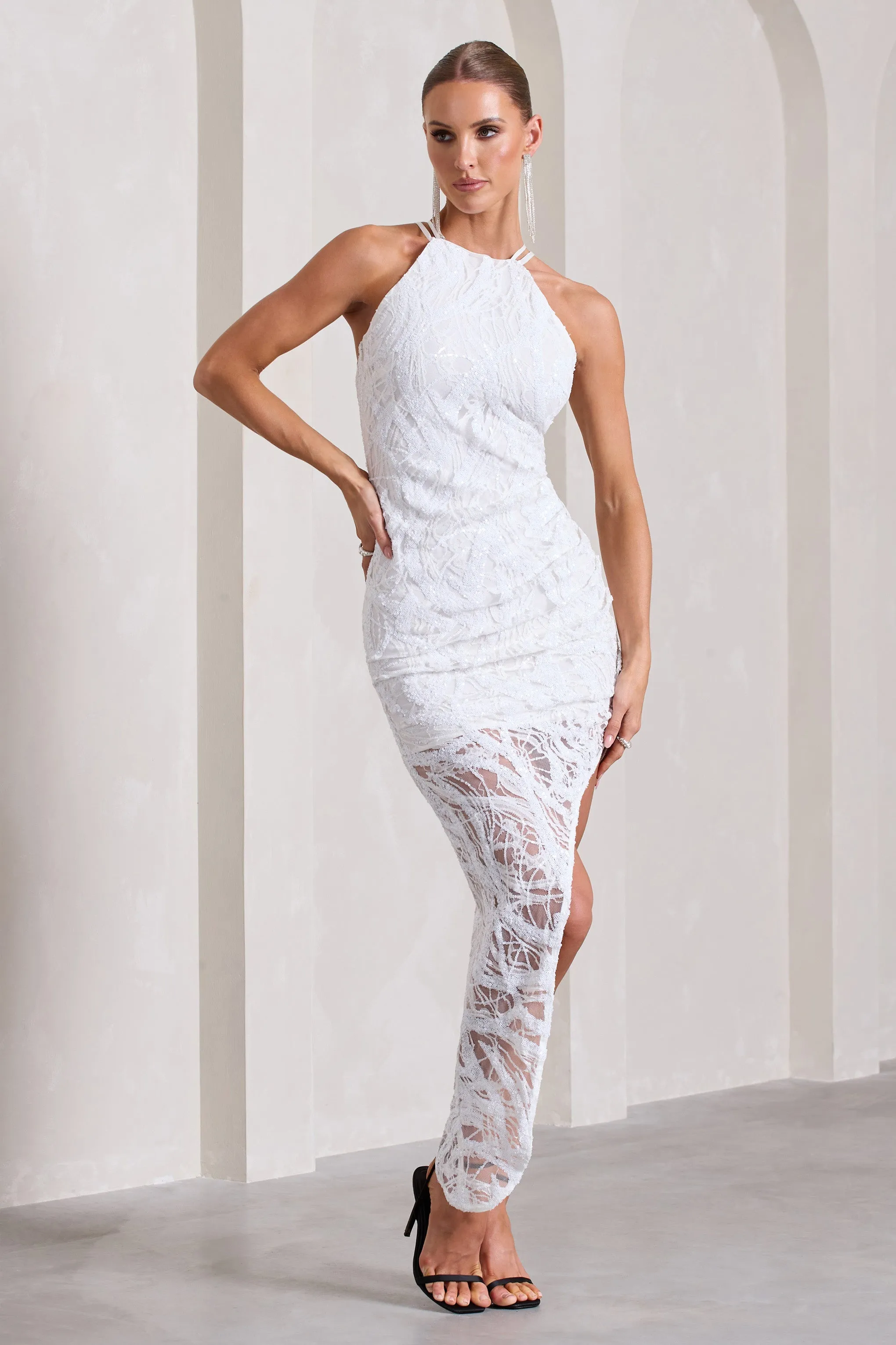 Caught My Eye | White Sequin Asymmetric Strappy Maxi Dress sold by Club L London