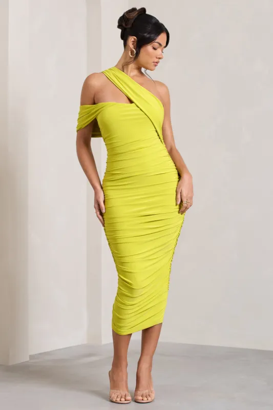 Cici | Lime Green Asymmetric One Shoulder Ruched Midi Dress sold by Club L London
