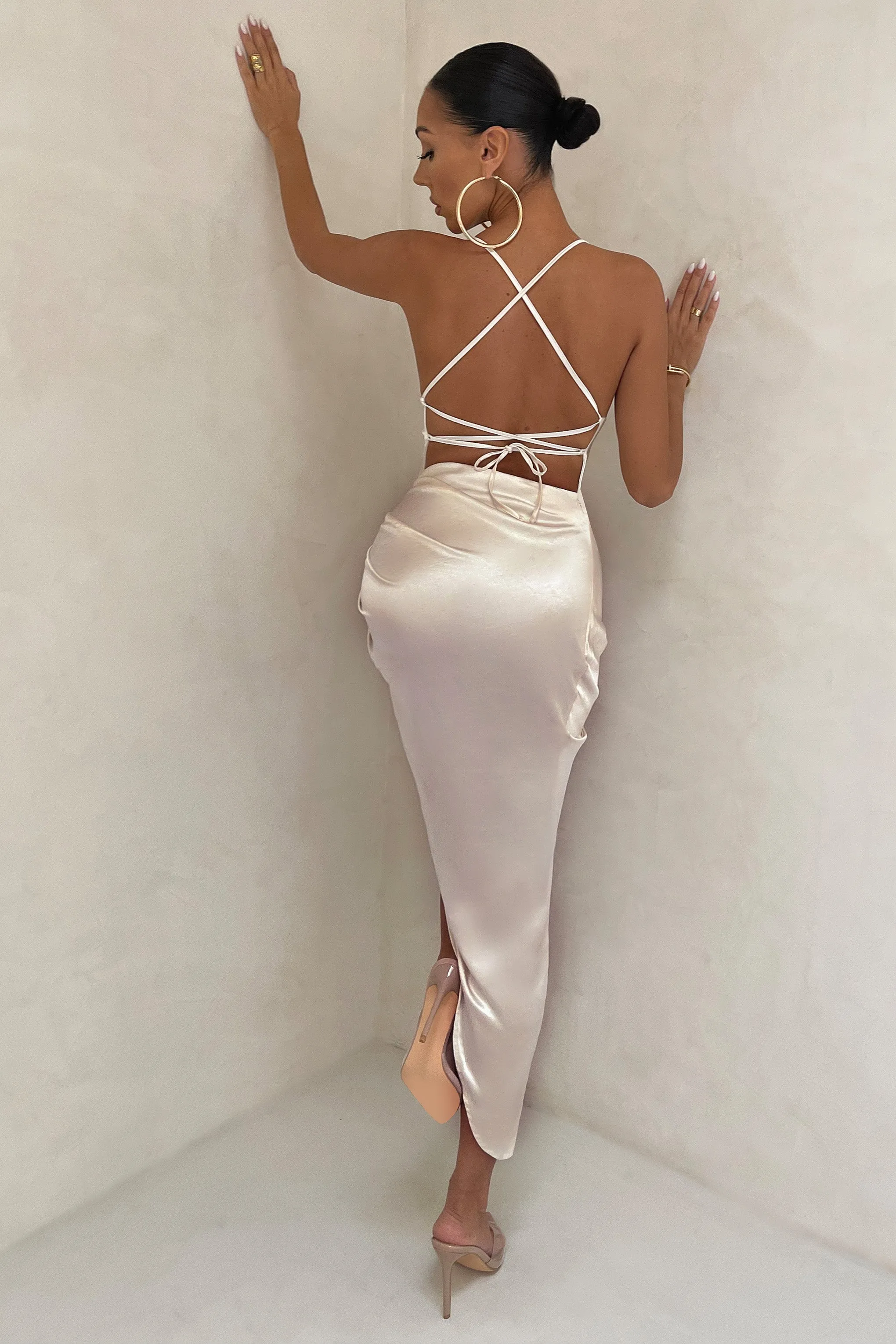 Risk It All | Off White Cami Cowl Neck Asymmetric Hem Midi Dress sold by Club L London product image thumbnail 2