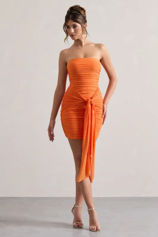 Jesse | Orange Ruched Mini Dress With Knot Detail sold by Club L London
