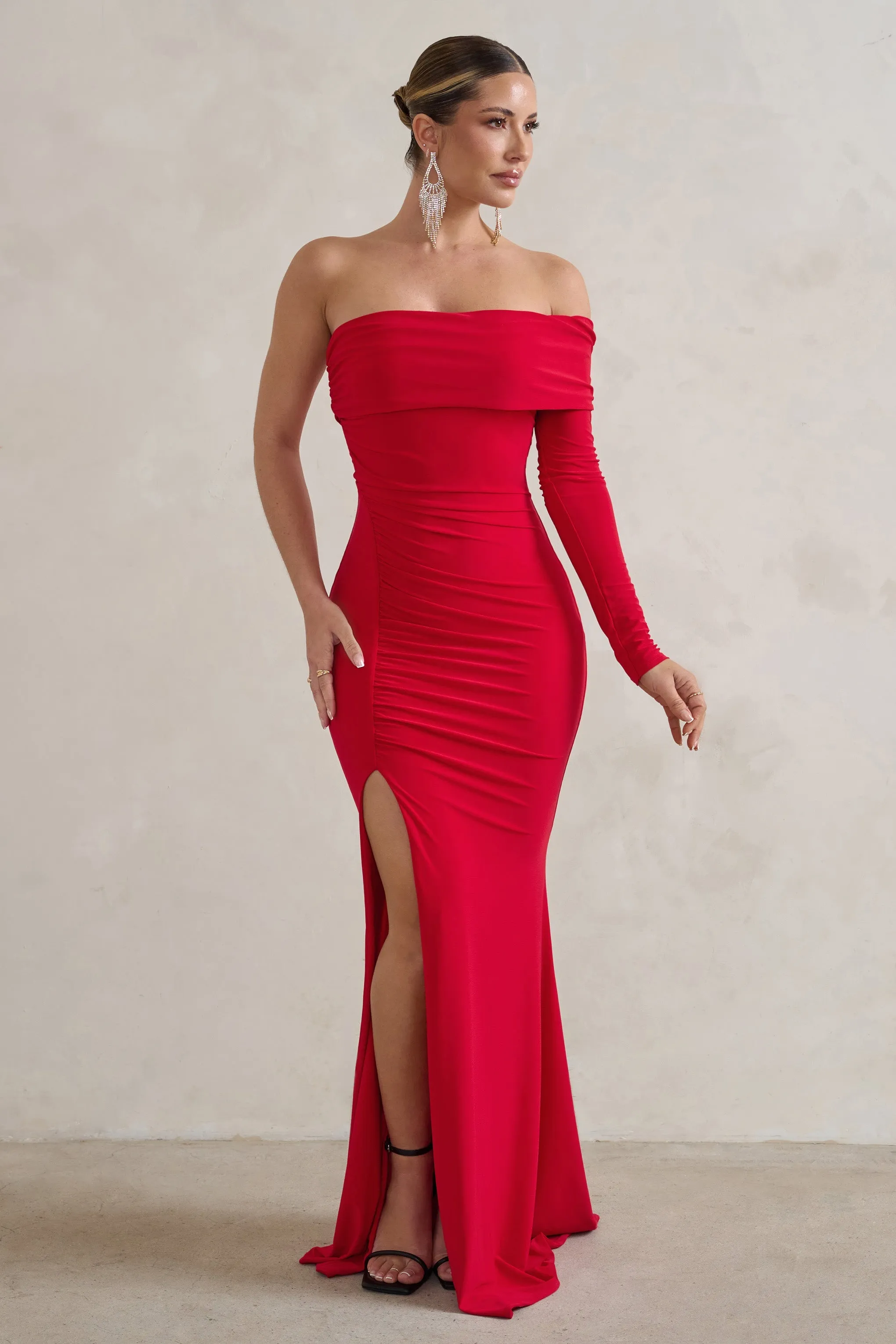 Meghan | Red Bardot Neck Thigh Split Fishtail Maxi Dress sold by Club L London