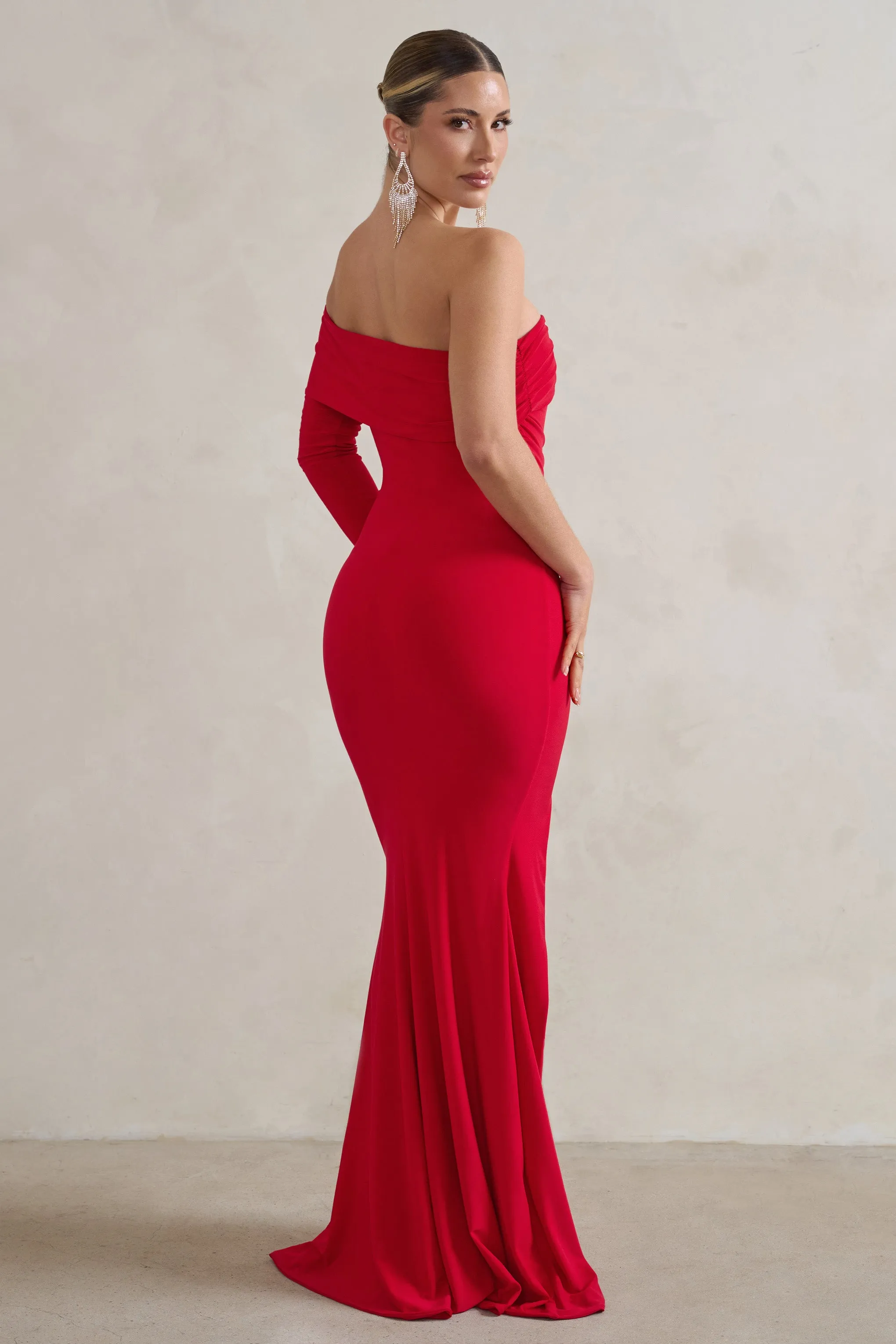 Meghan | Red Bardot Neck Thigh Split Fishtail Maxi Dress sold by Club L London product image thumbnail 2