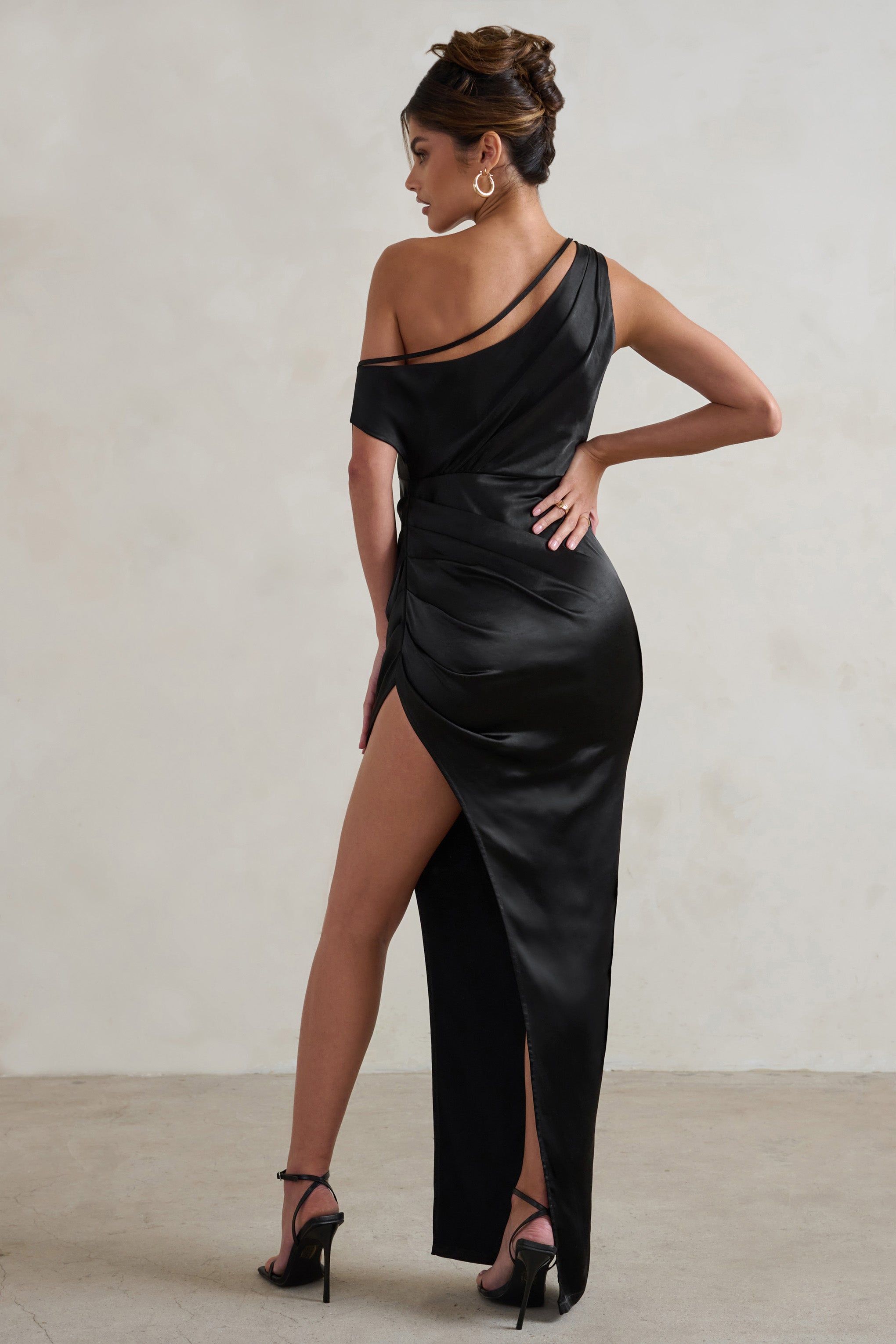 Select | Black Asymmetrical Extreme Split Satin Maxi Dress sold by Club L London product image thumbnail 3