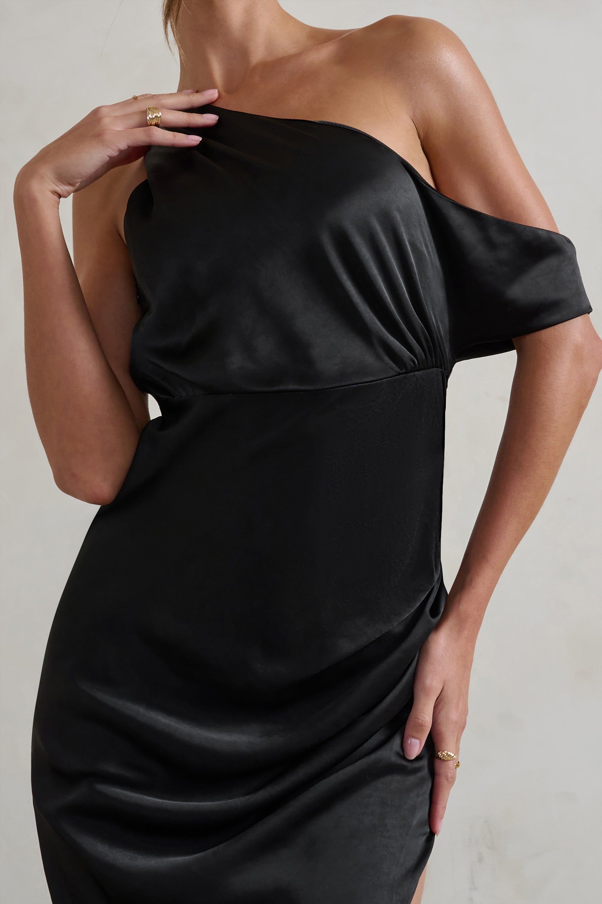 Select | Black Asymmetrical Extreme Split Satin Maxi Dress sold by Club L London product image thumbnail 4
