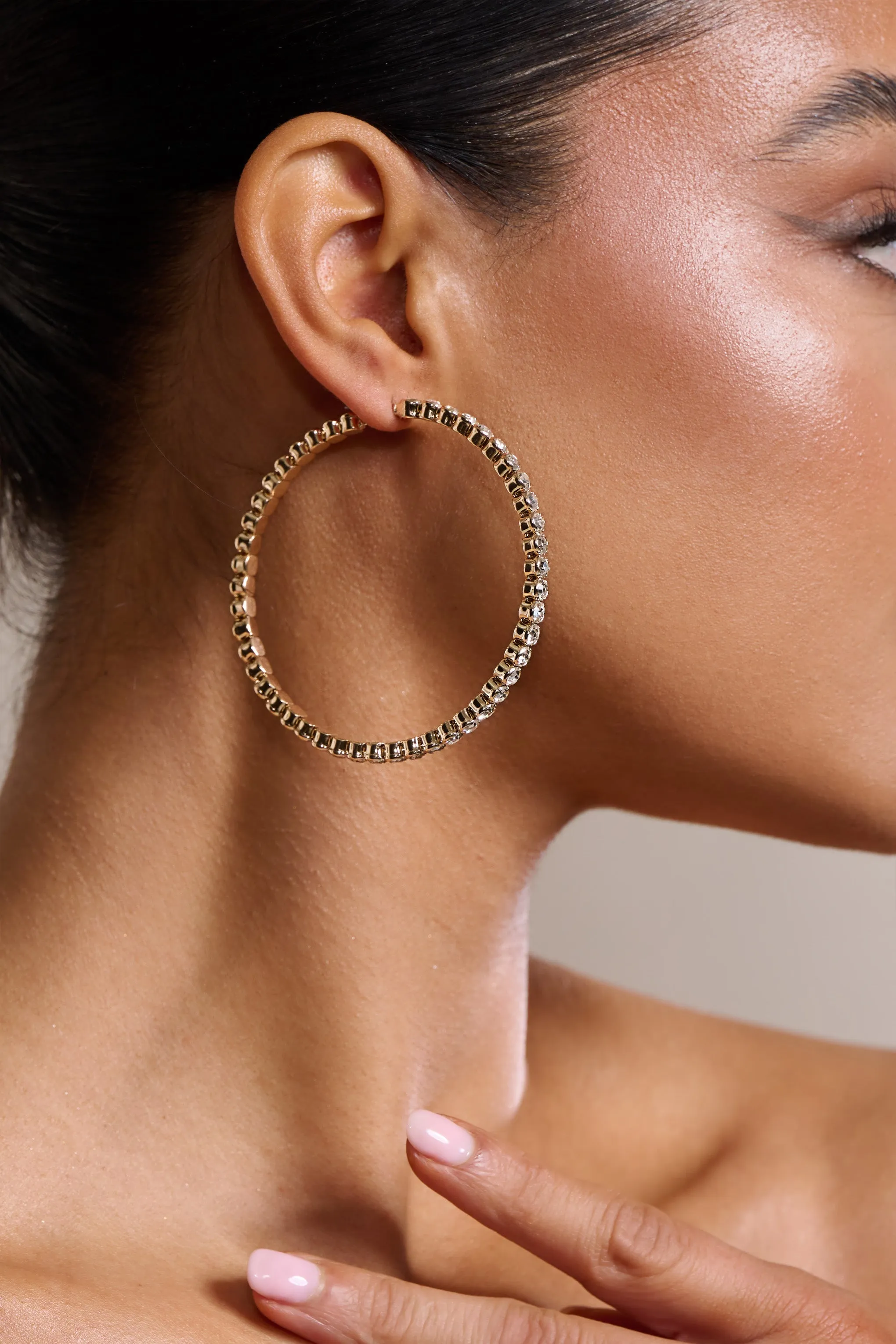 Jude | Gold Diamante Large Hoop Earrings sold by Club L London product image thumbnail 2