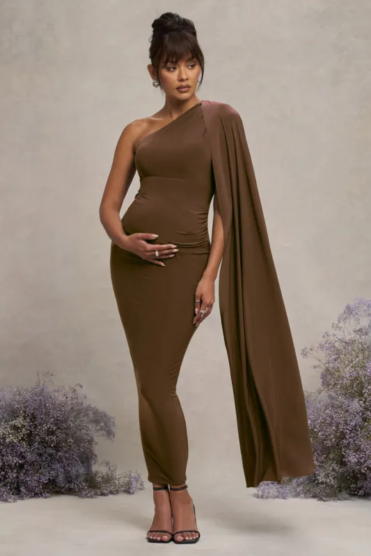 Amaryllis | Chocolate Maternity One Shoulder Maxi Dress with Cape Sleeve sold by Club L London