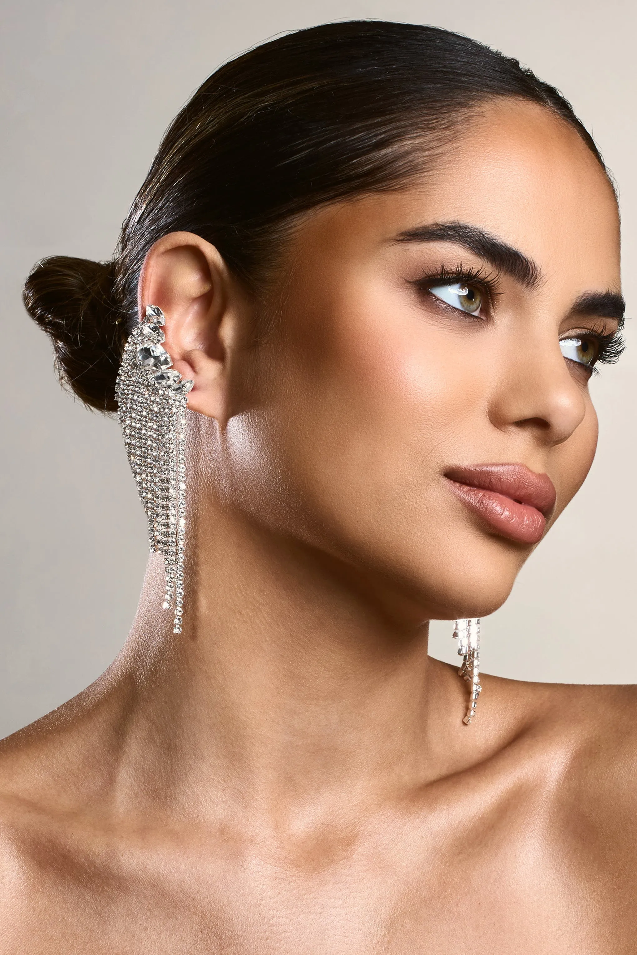 Aleera | Silver Diamante Tassel Earrings sold by Club L London product image thumbnail 3