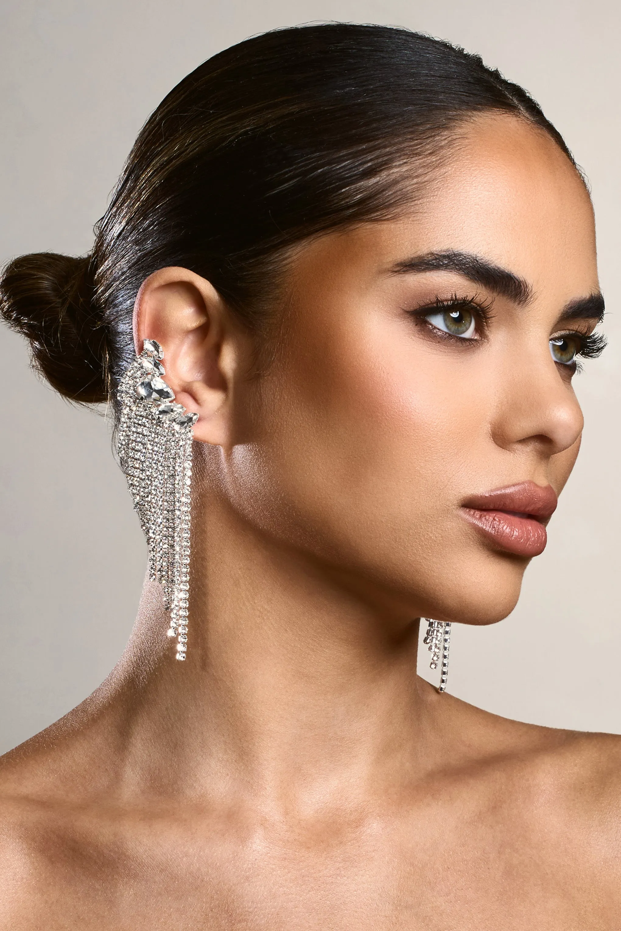 Aleera | Silver Diamante Tassel Earrings sold by Club L London