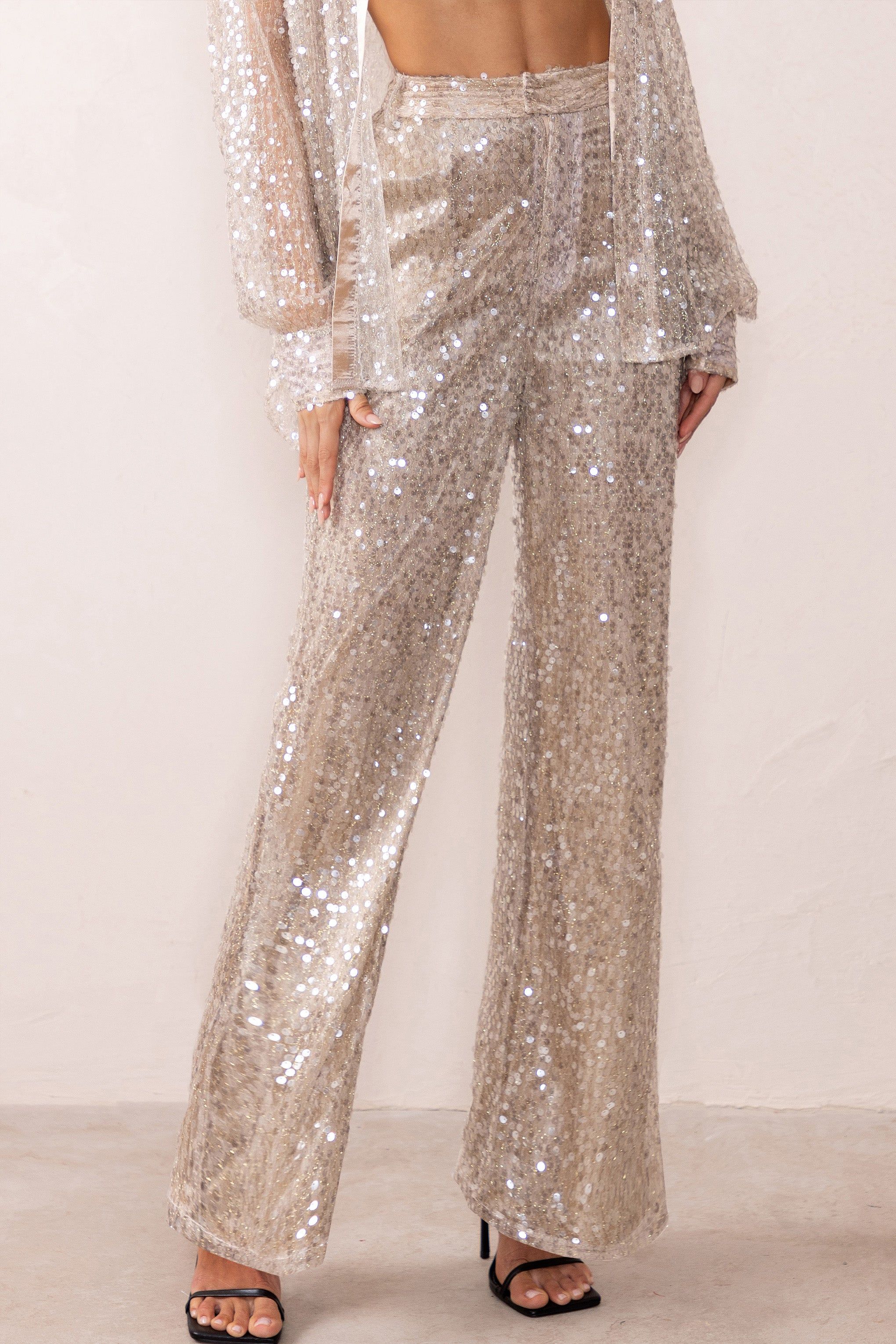 Dance All Night | Champagne Sequin High Waist Wide Leg Trousers sold by Club L London product image thumbnail 3