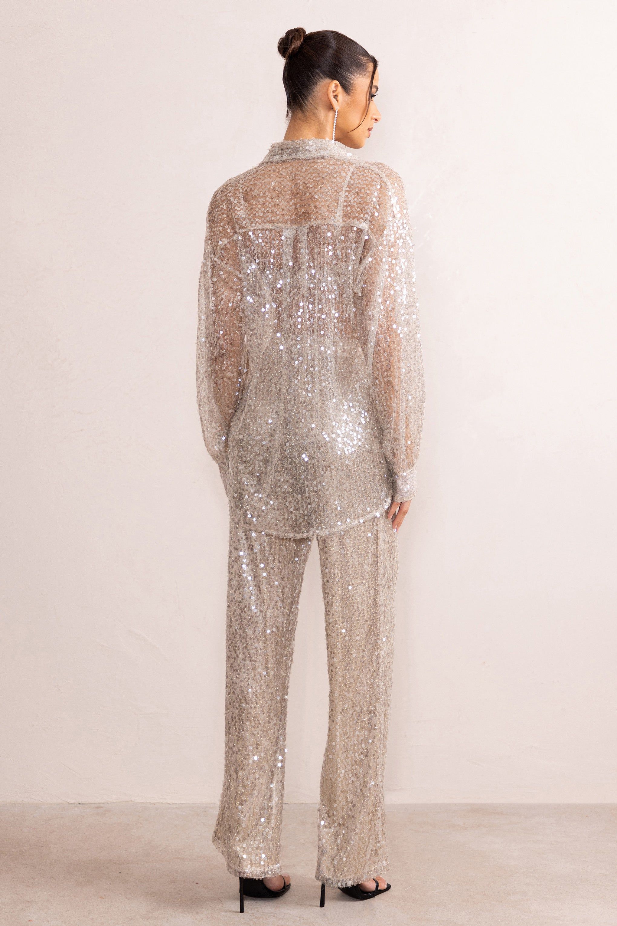 Dance All Night | Champagne Sequin High Waist Wide Leg Trousers sold by Club L London product image thumbnail 2