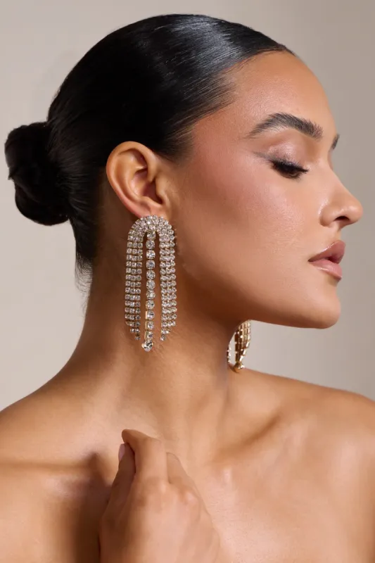 Georgie | Gold Diamante Drop Tassel Earrings sold by Club L London