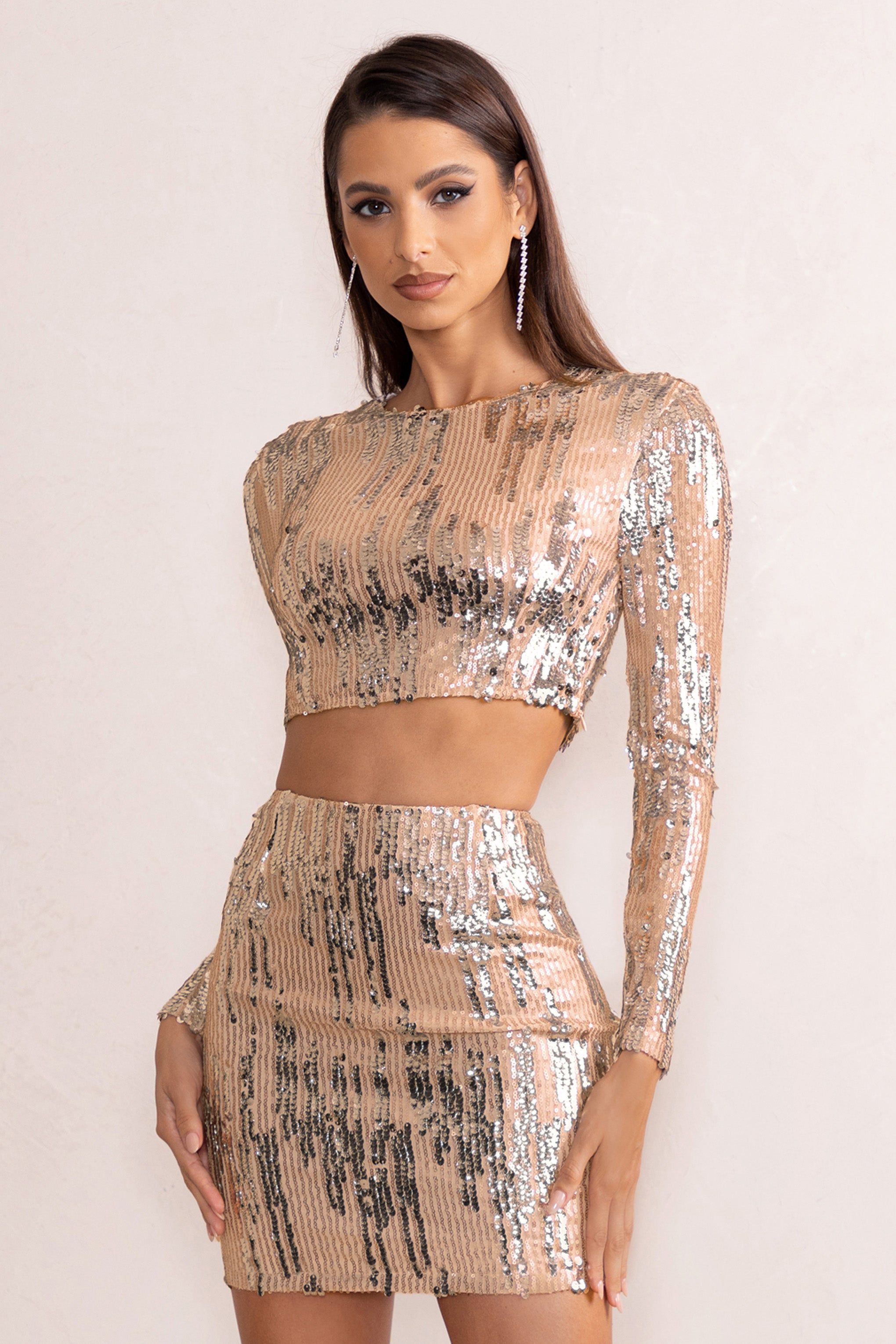 Aftermath | Champagne Sequin Crop Top sold by Club L London
