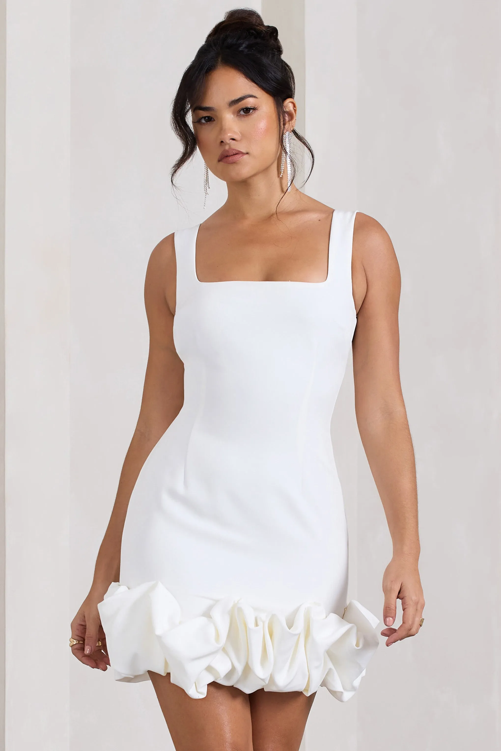 Lucy | White Strappy Mini Dress With Ruffle Trim sold by Club L London