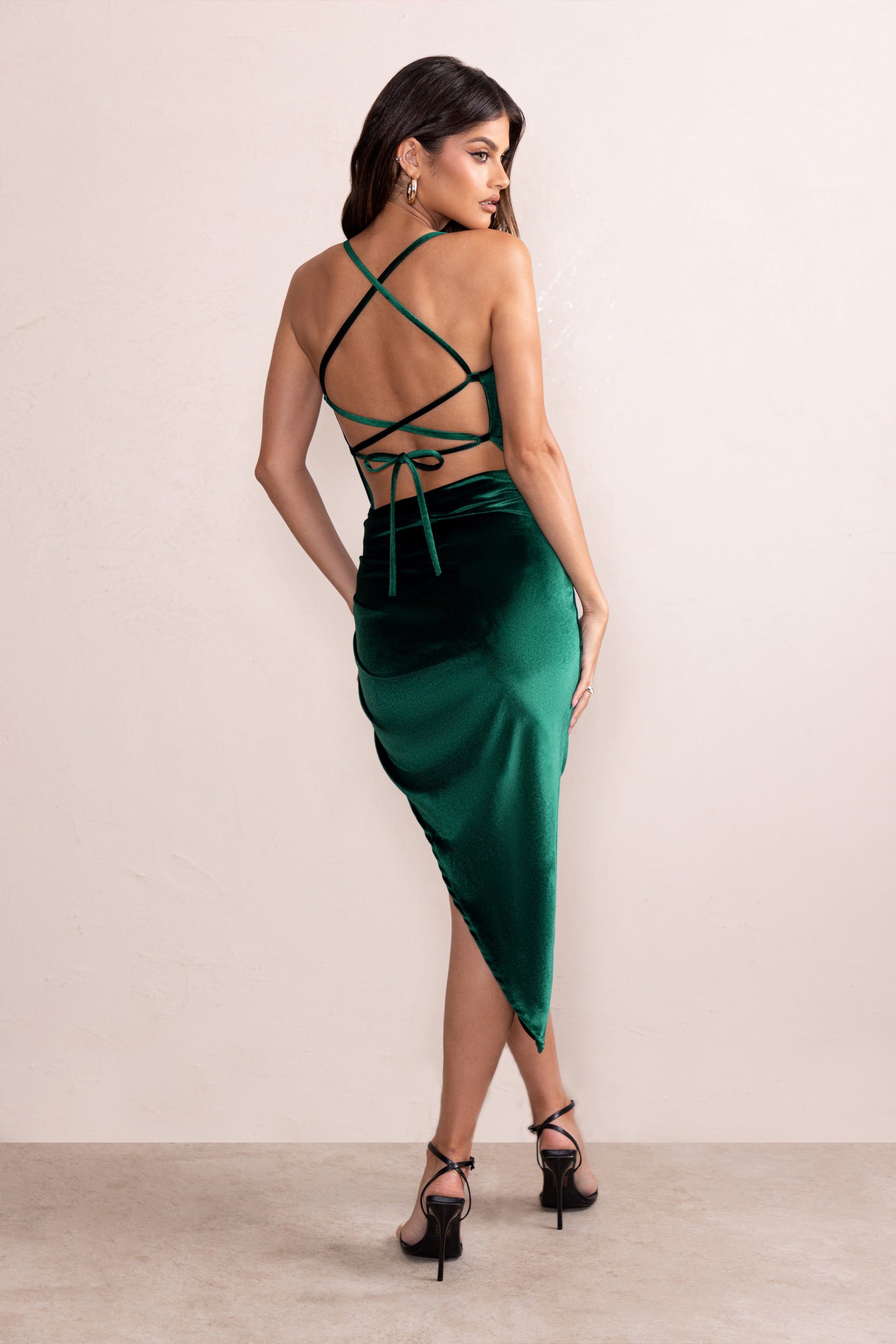 Risk It All | Bottle Green Velvet Cami Cowl Neck Satin Asymmetric Hem Midi Dress sold by Club L London product image thumbnail 2