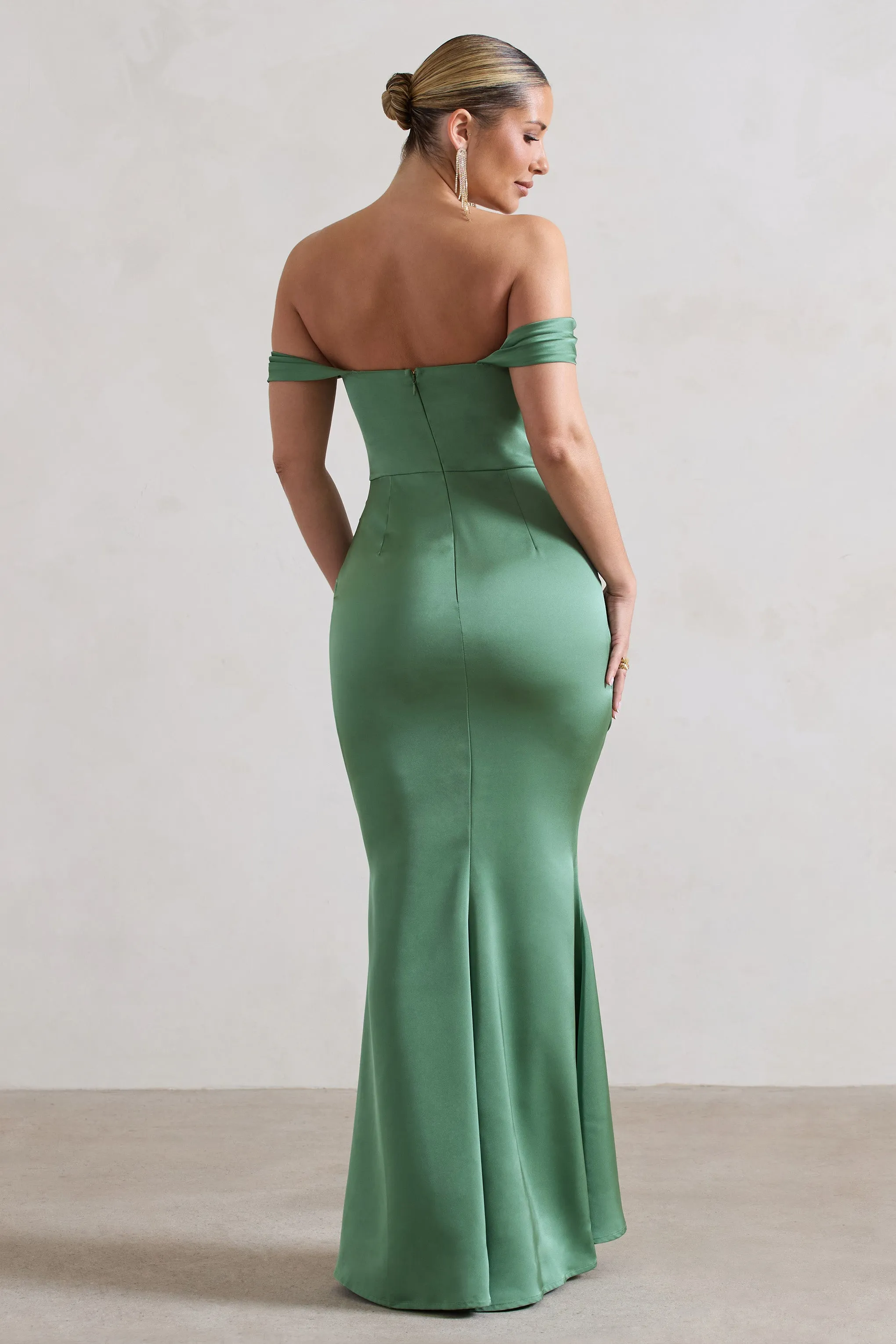 Katia | Soft Green Satin Bardot Maxi Dress sold by Club L London product image thumbnail 2