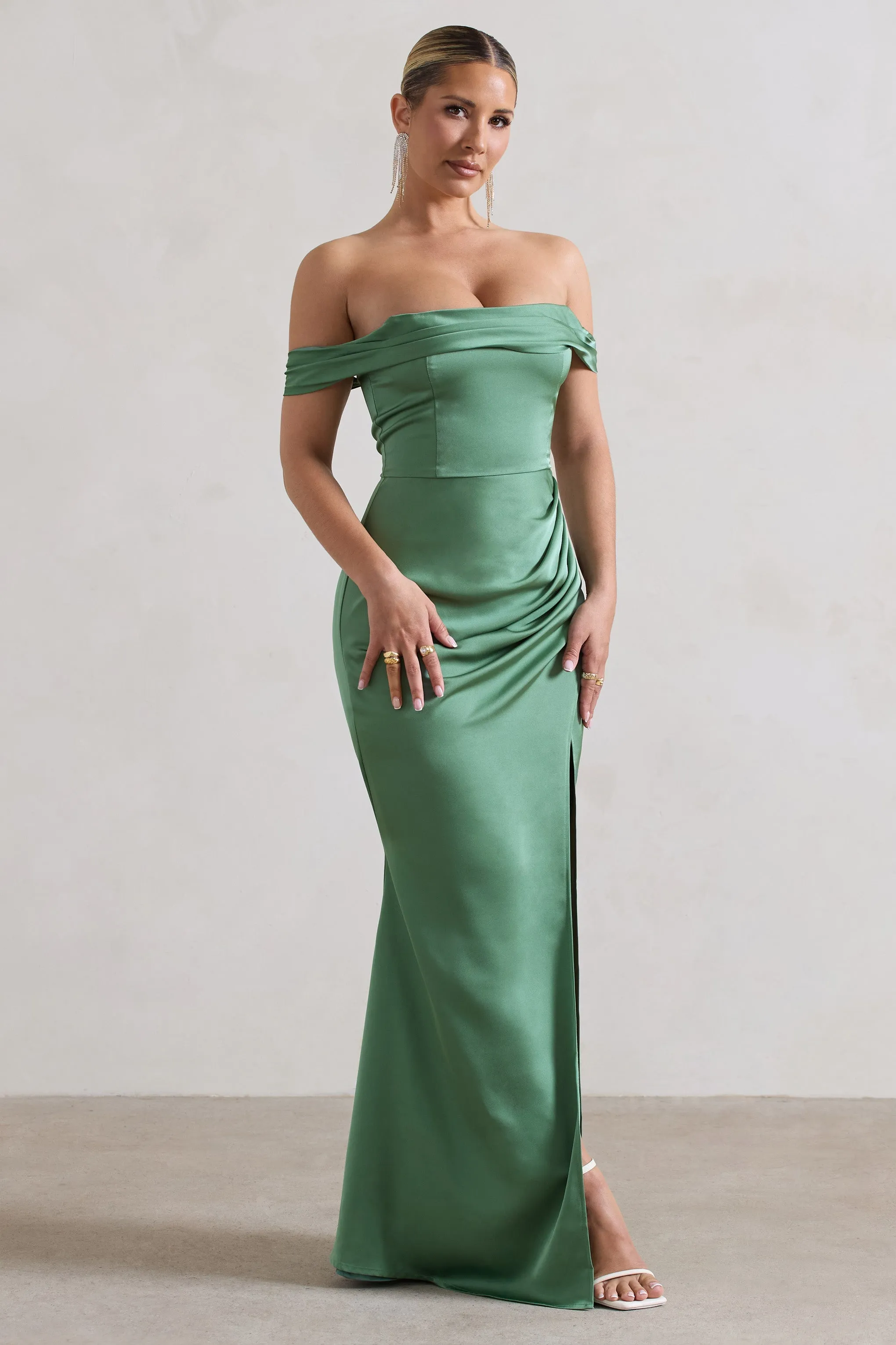 Katia | Soft Green Satin Bardot Maxi Dress sold by Club L London product image thumbnail 5
