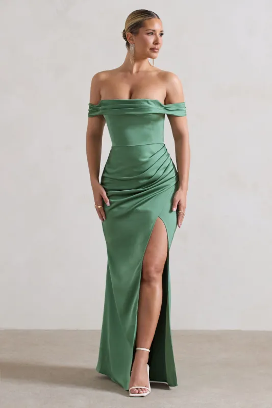 Katia | Soft Green Satin Bardot  Maxi Dress sold by Club L London