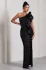Award | Black Sequin One Shoulder Cut-Out Split Maxi Dress With Ruffle Detail sold by Club L London