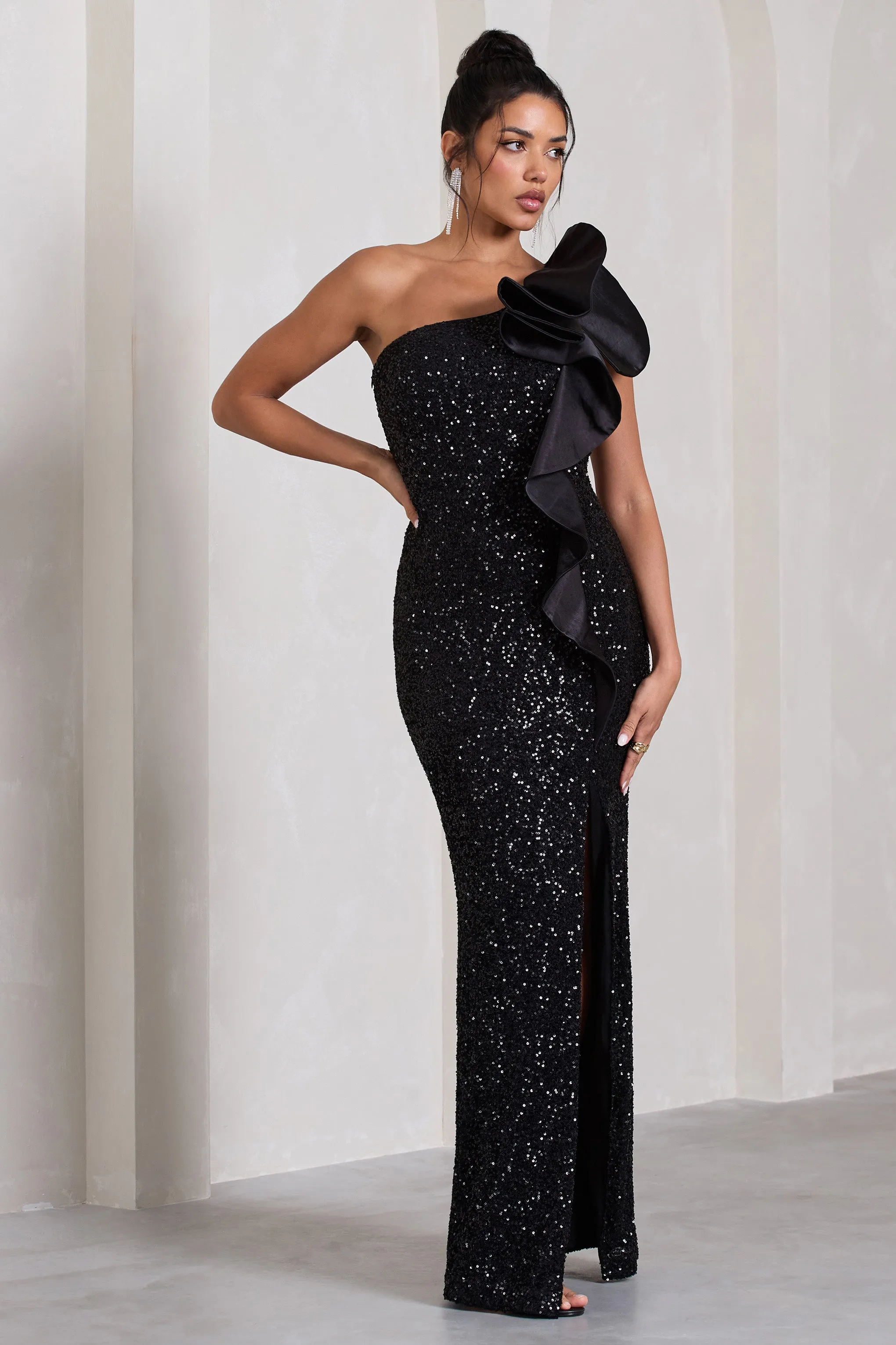 Award | Black Sequin One Shoulder Cut-Out Split Maxi Dress With Ruffle Detail sold by Club L London product image thumbnail 2