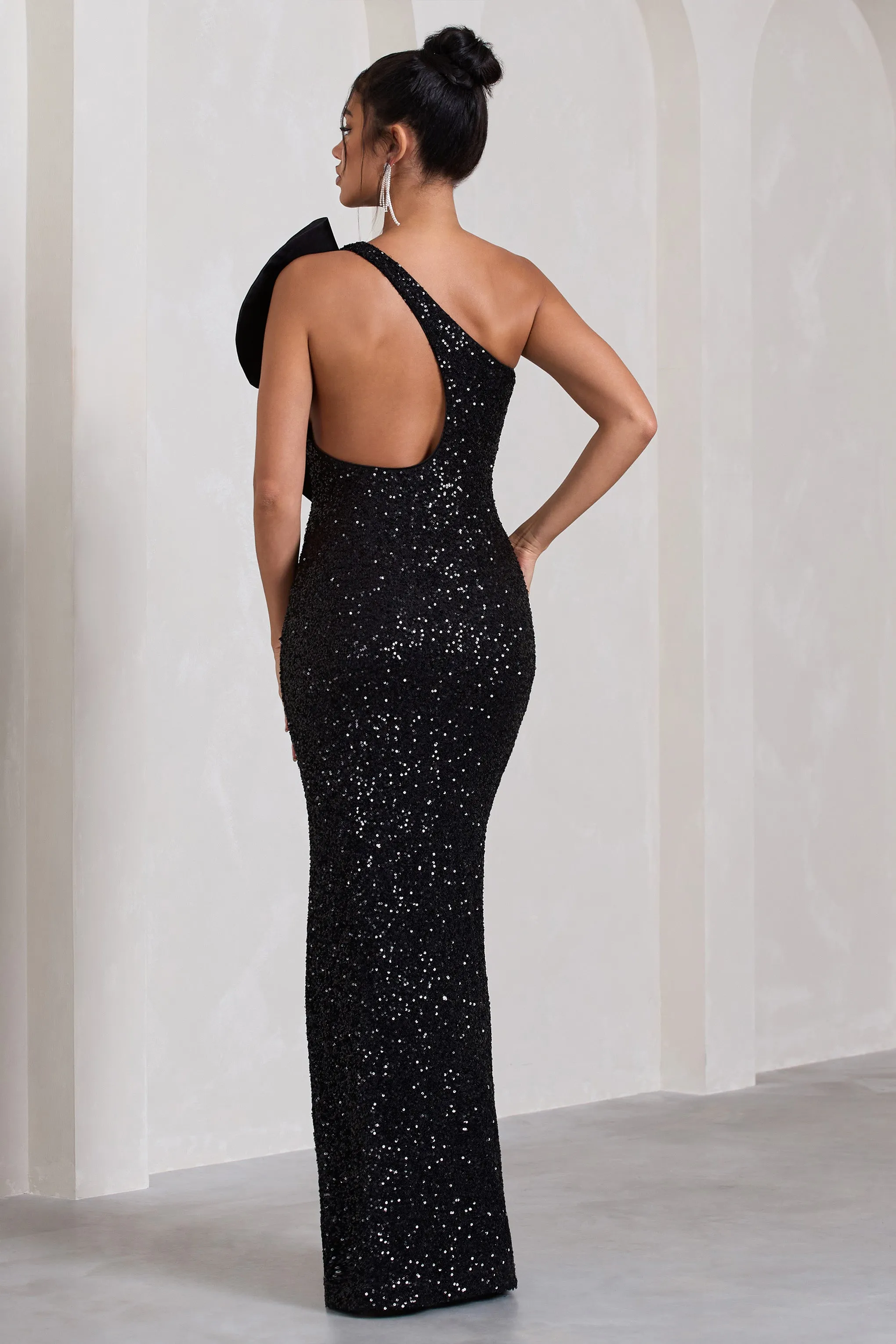 Award | Black Sequin One Shoulder Cut-Out Split Maxi Dress With Ruffle Detail sold by Club L London product image thumbnail 5