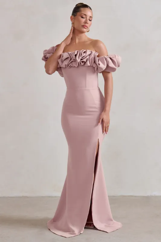 Esmeralda | Blush Pink Structured Statement Bardot Maxi Dress sold by Club L London