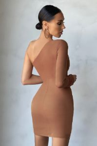 Two Sides | Tan One Shoulder Ruched Side Mini Dress sold by Club L London