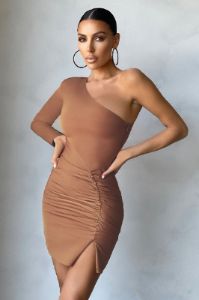 Two Sides | Tan One Shoulder Ruched Side Mini Dress sold by Club L London