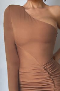 Two Sides | Tan One Shoulder Ruched Side Mini Dress sold by Club L London