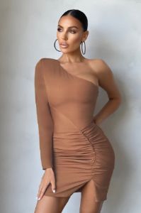 Two Sides | Tan One Shoulder Ruched Side Mini Dress sold by Club L London