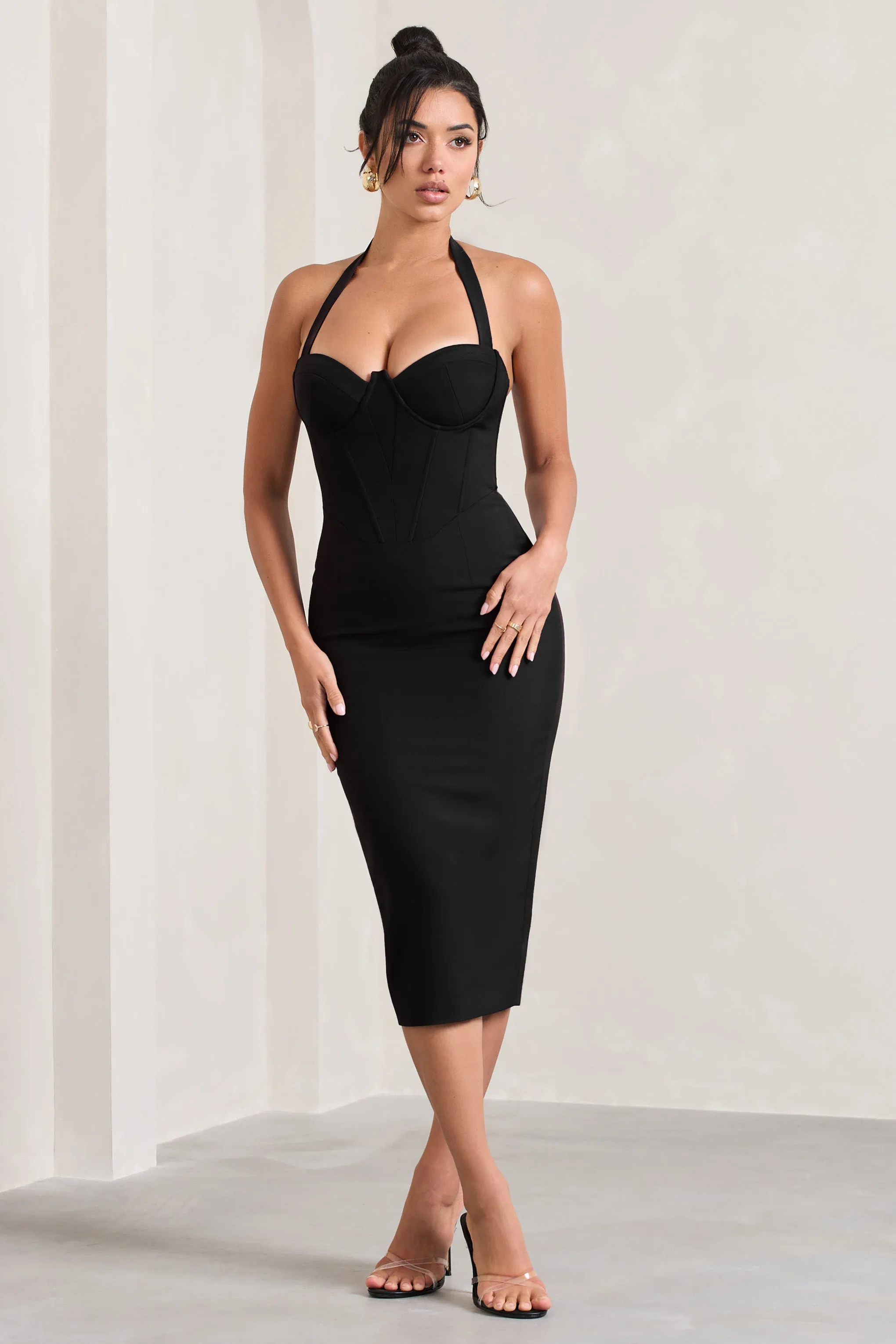 Supermodel | Black Halter-Neck Corset Midi Dress sold by Club L London