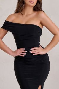 Forever & Always | Black One Shoulder Fishtail Maxi Dress sold by Club L London