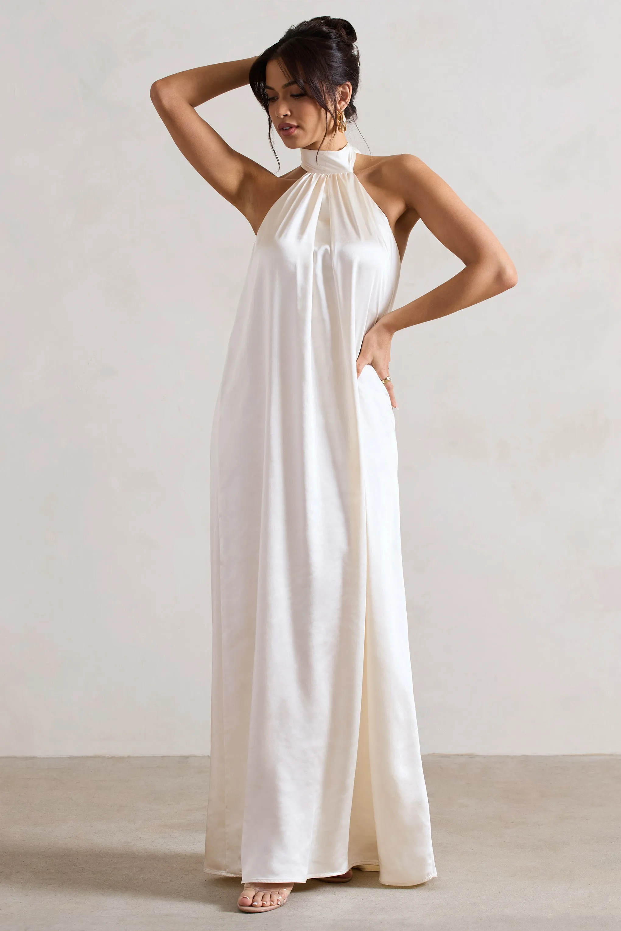 Gloriana | Cream Satin High-Neck Maxi Dress sold by Club L London