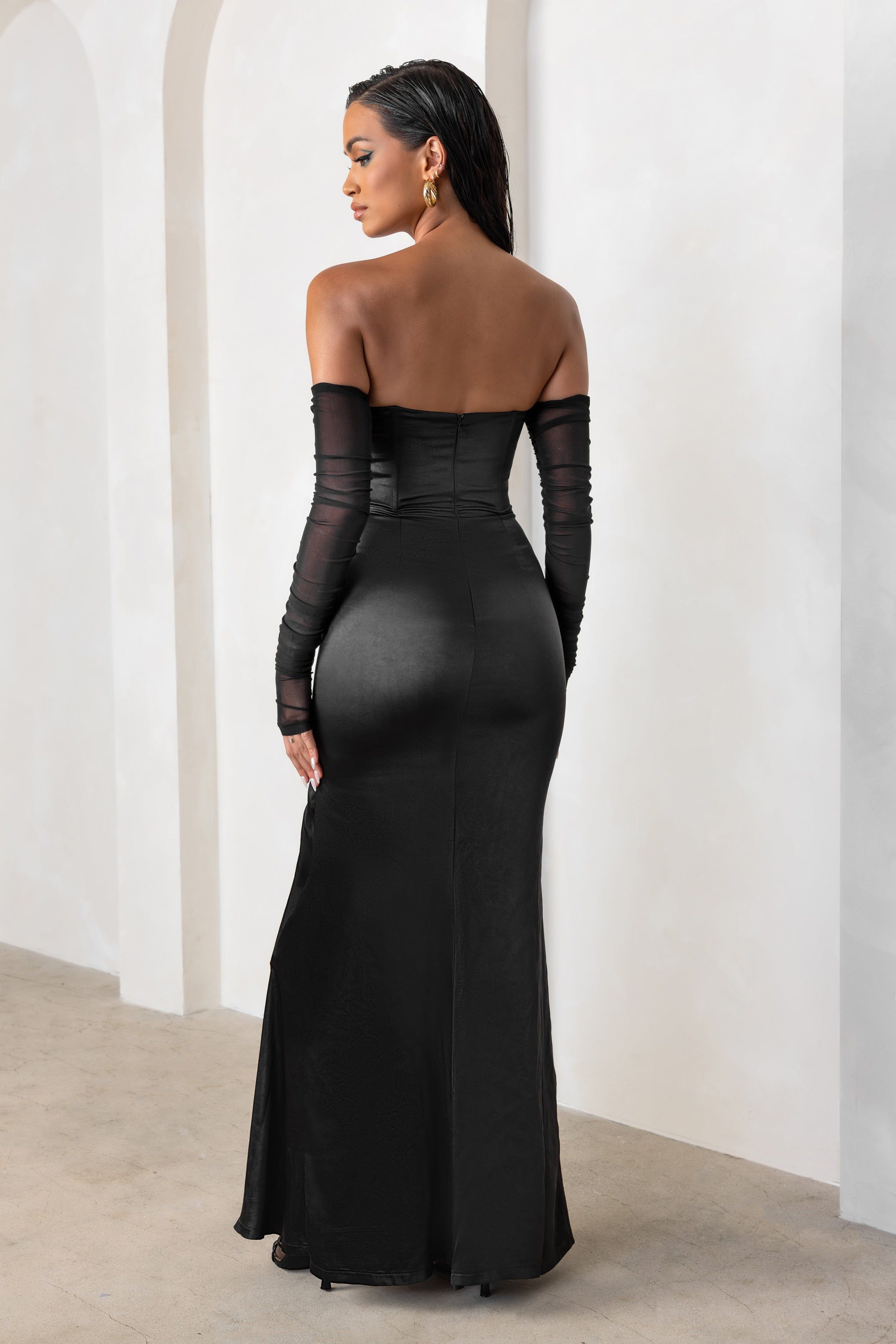 My Prize | Black Satin Bardot Mesh Long Sleeve Maxi Dress With Thigh Split sold by Club L London product image thumbnail 2