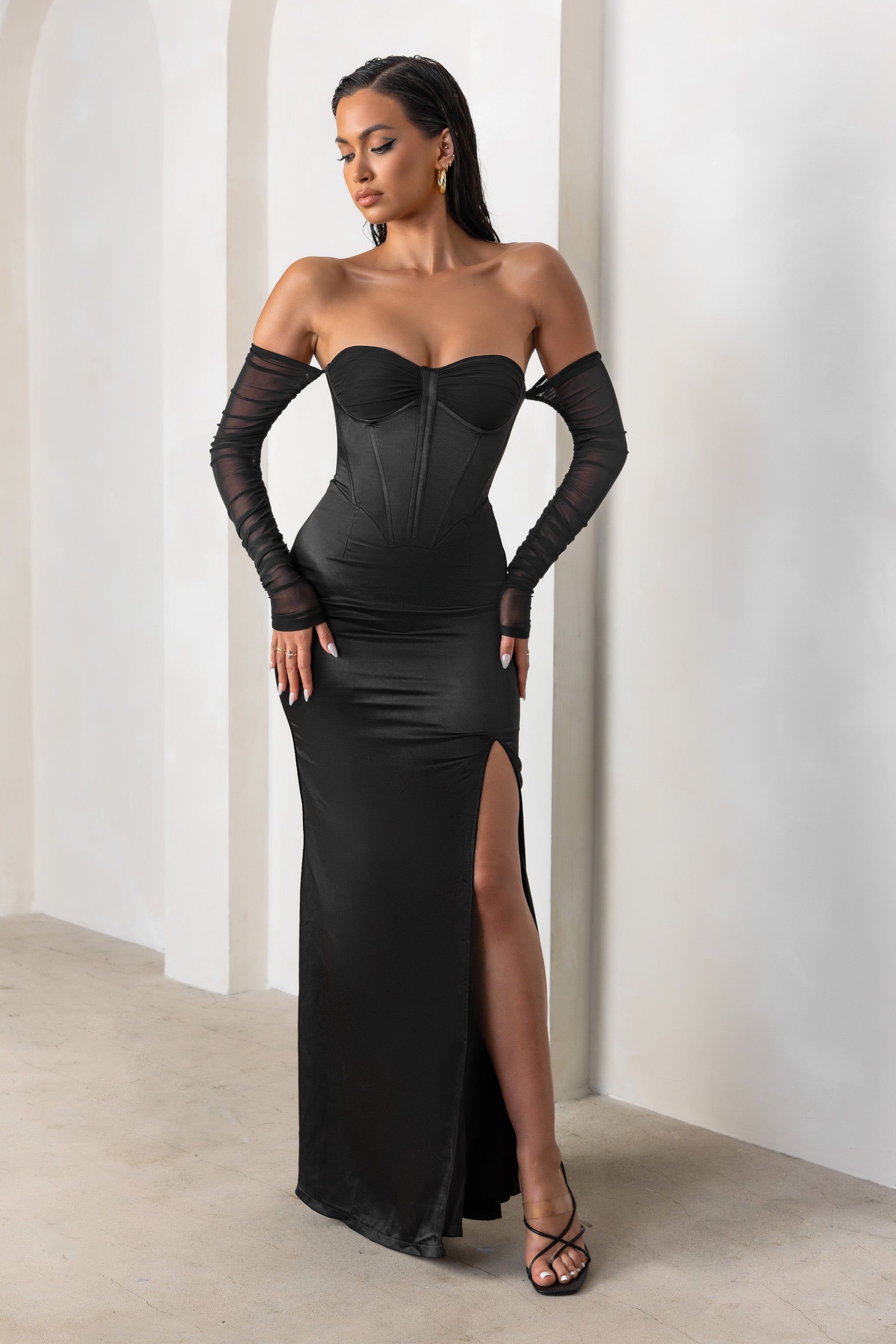 My Prize | Black Satin Bardot Mesh Long Sleeve Maxi Dress With Thigh Split sold by Club L London product image thumbnail 4