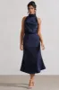 Geena | Navy Satin Twisted High-Neck Midi Dress sold by Club L London