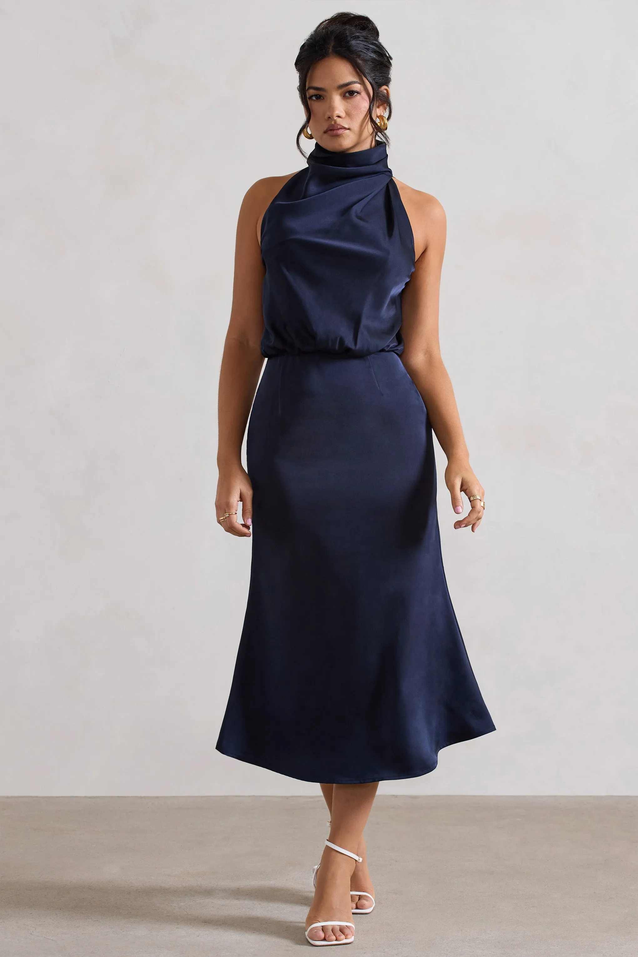 Geena | Navy Satin Twisted High-Neck Midi Dress sold by Club L London product image thumbnail 4