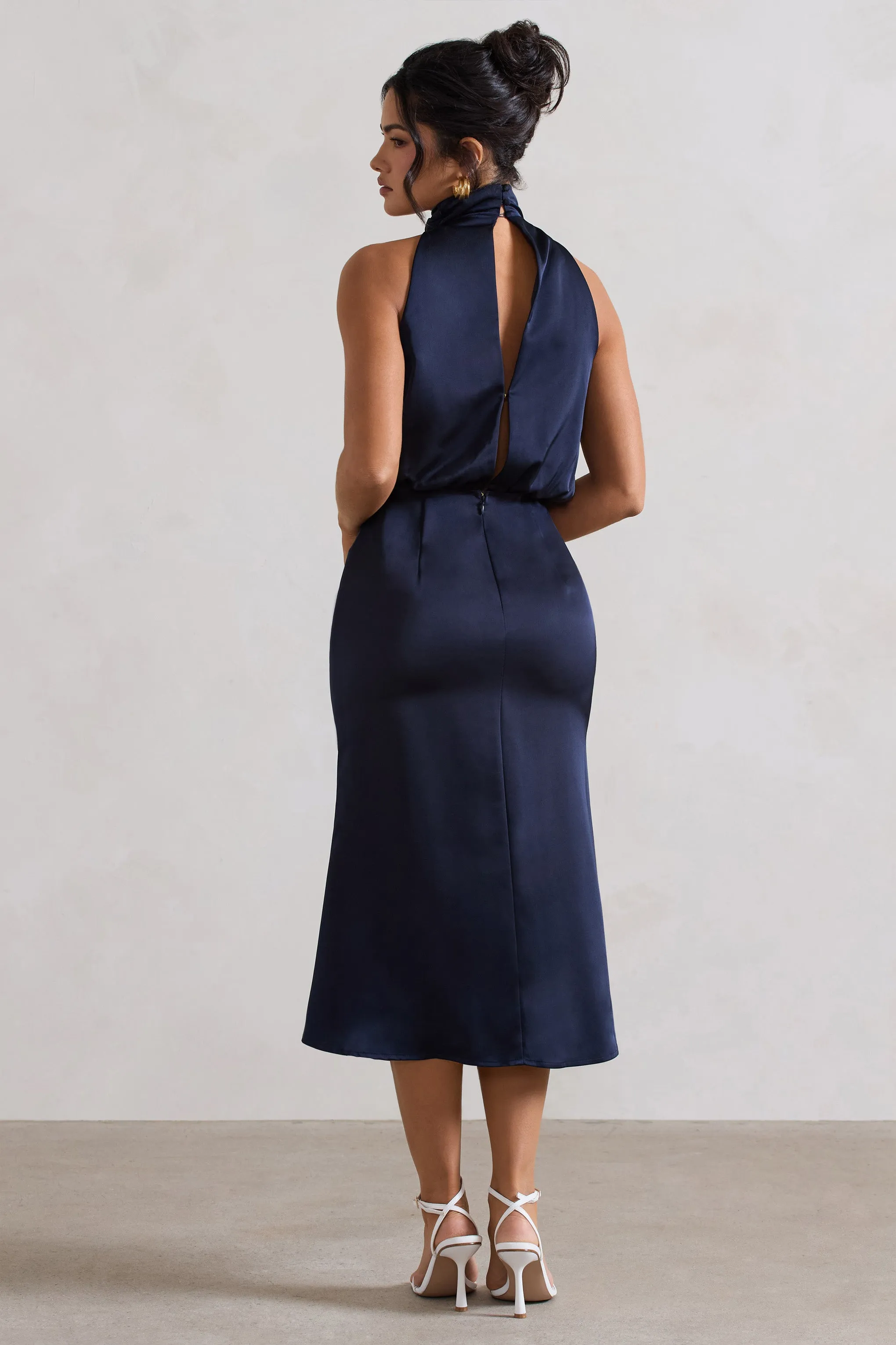 Geena | Navy Satin Twisted High-Neck Midi Dress sold by Club L London product image thumbnail 2