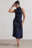 Geena | Navy Satin Twisted High-Neck Midi Dress sold by Club L London