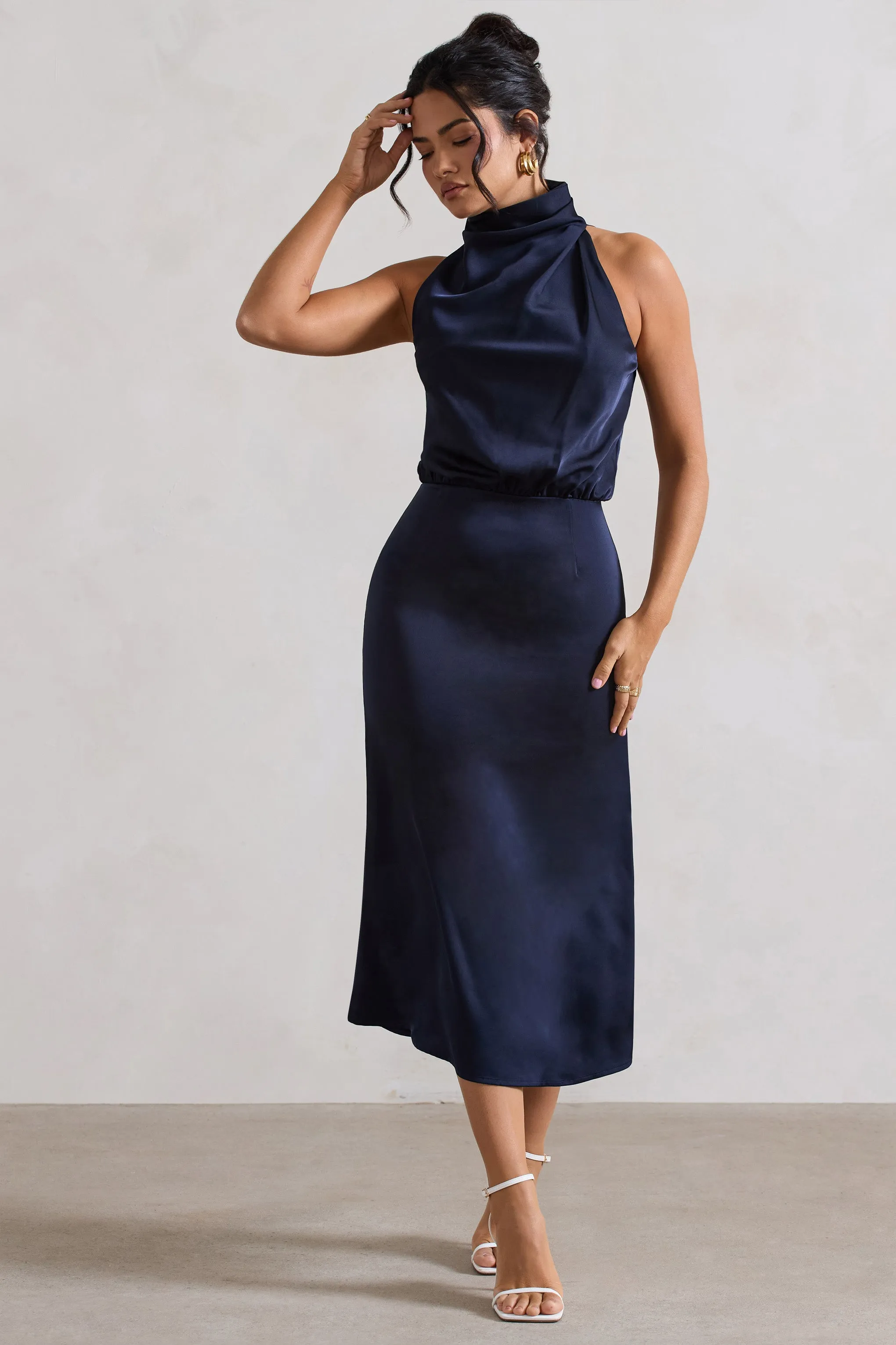 Geena | Navy Satin Twisted High-Neck Midi Dress sold by Club L London product image thumbnail 5