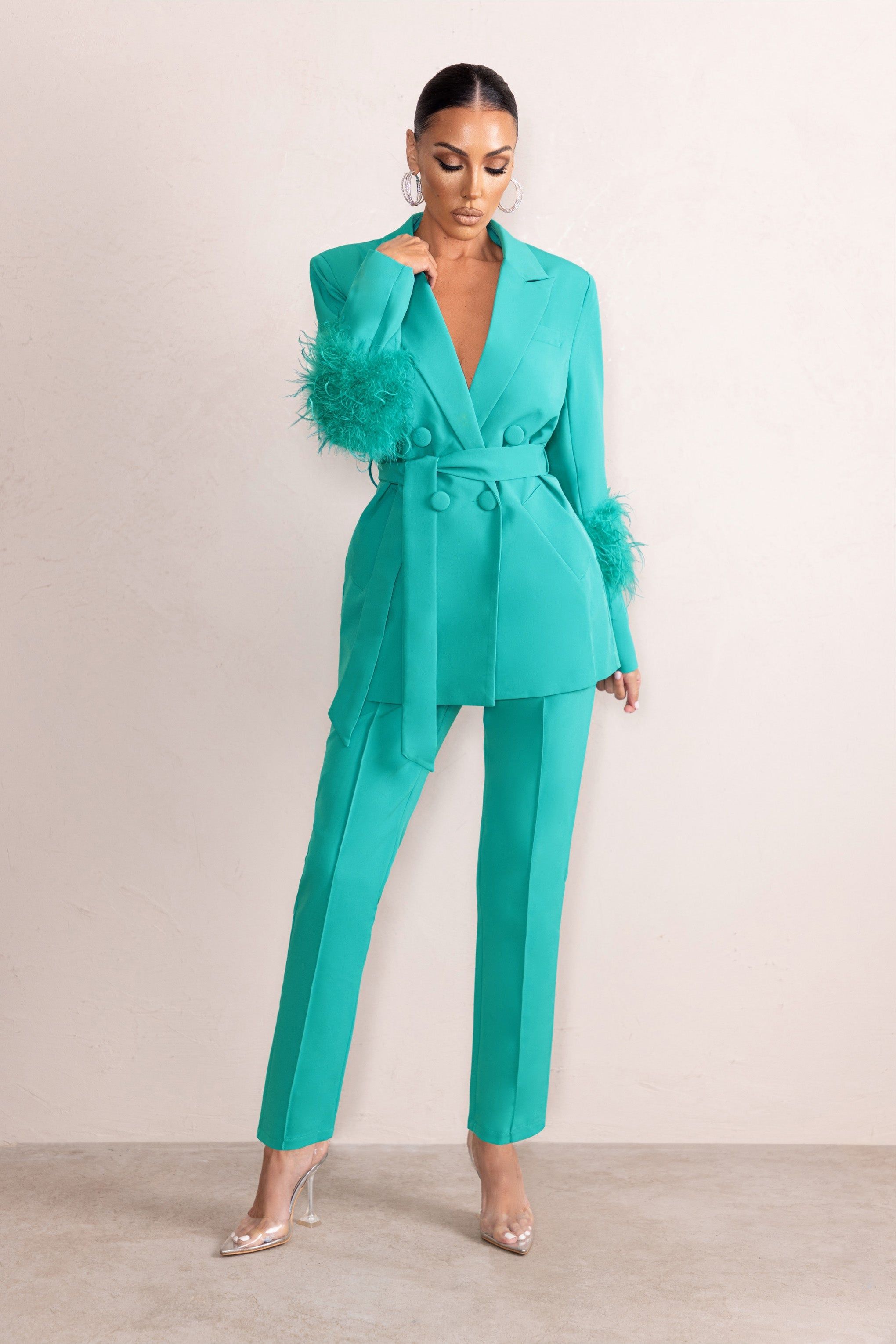 Caprice | Turquoise High Waist Tailored Pants sold by Club L London