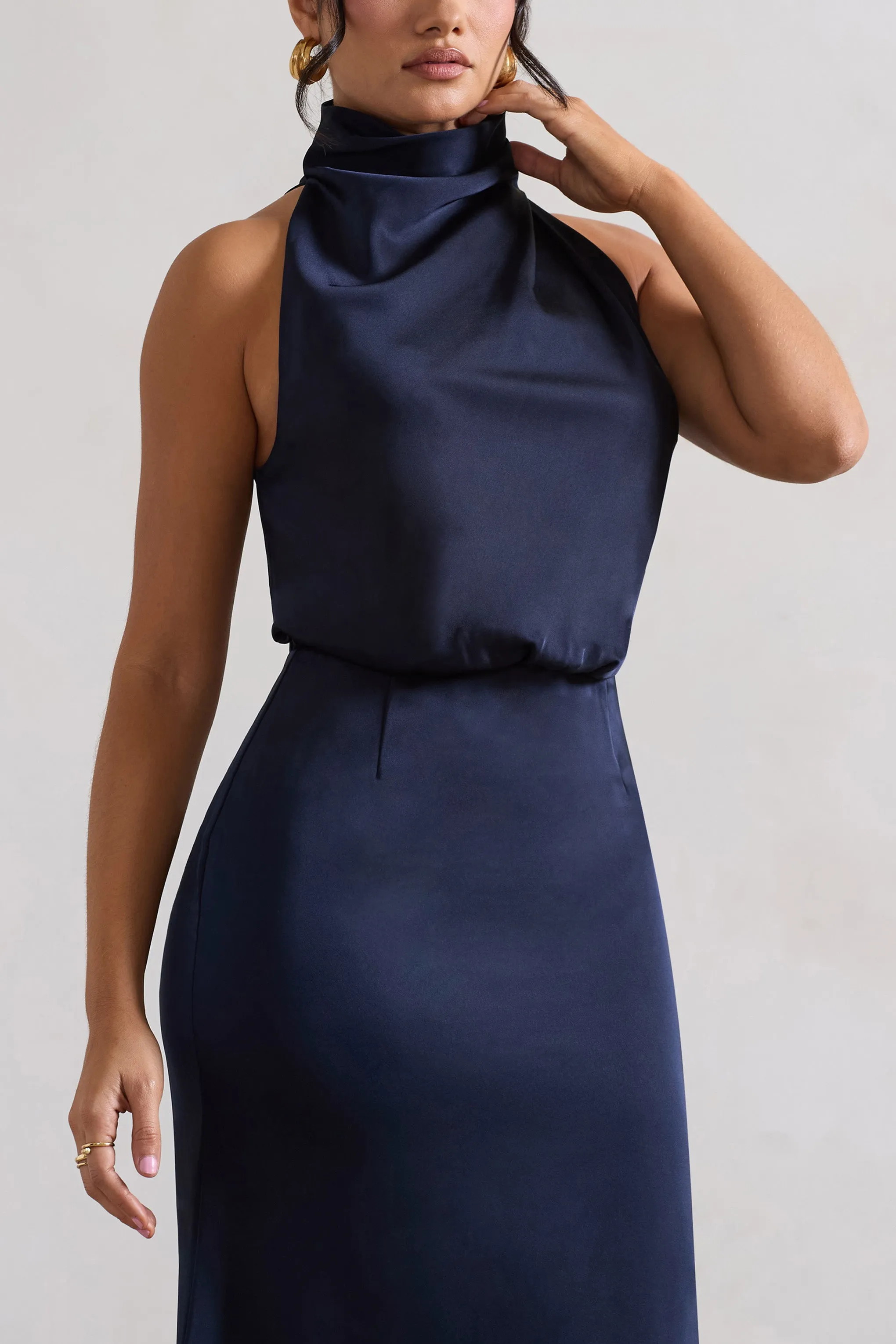 Geena | Navy Satin Twisted High-Neck Midi Dress sold by Club L London product image thumbnail 3