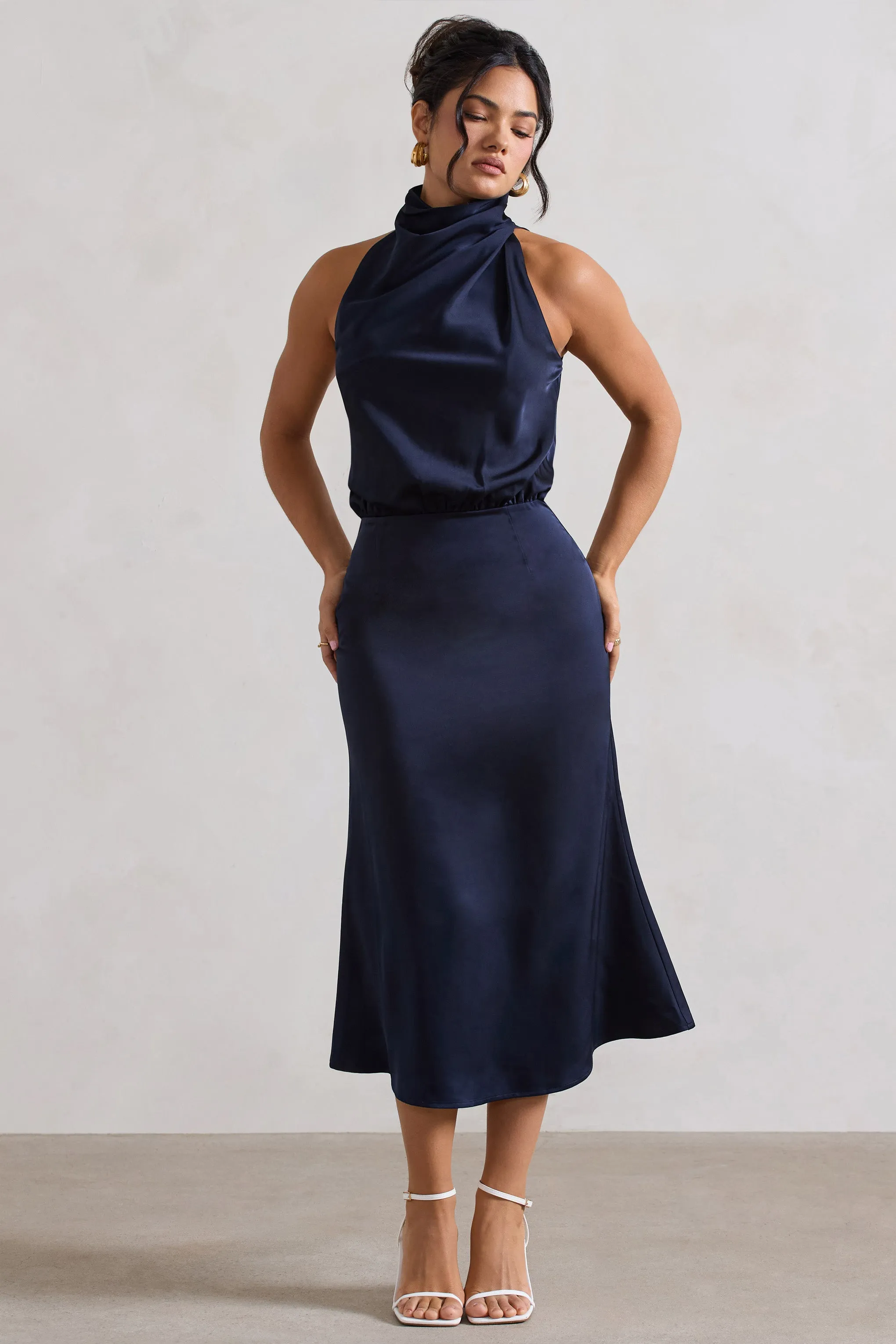 Geena | Navy Satin Twisted High-Neck Midi Dress sold by Club L London