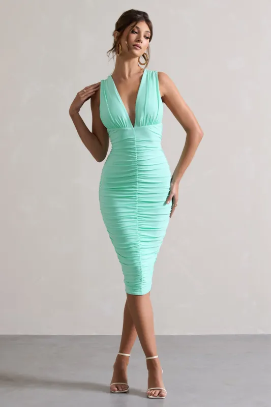 Attract | Mint Ruched Plunge-Neck Midi Dress sold by Club L London