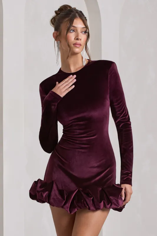 Claudine | Port Velvet Long-Sleeved Ruffled Mini Dress sold by Club L London