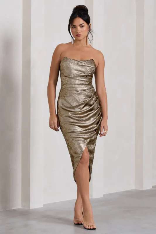 Blizzard | Gold Metallic Corset Wrap Midi Dress sold by Club L London