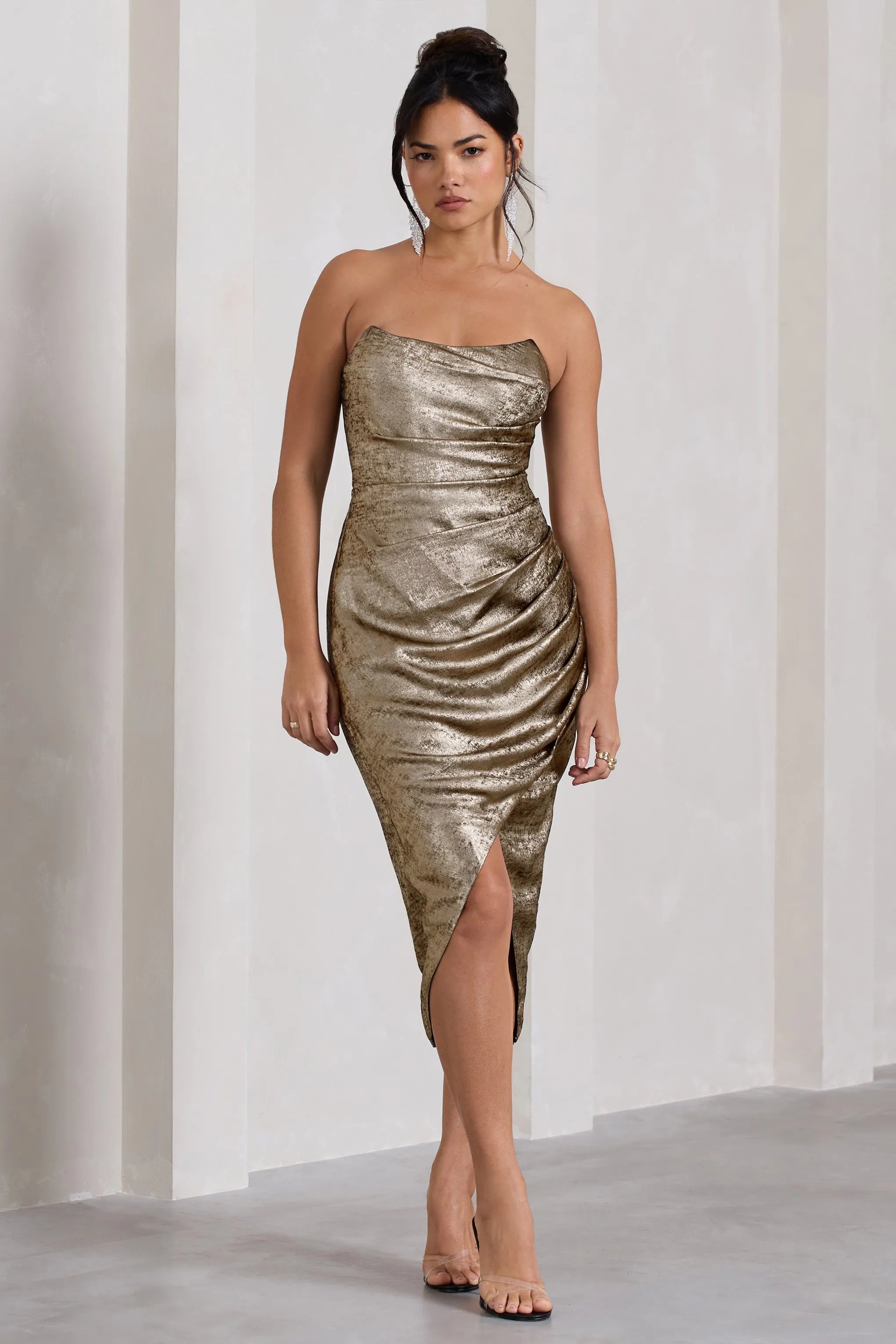 Blizzard | Gold Metallic Corset Wrap Midi Dress sold by Club L London