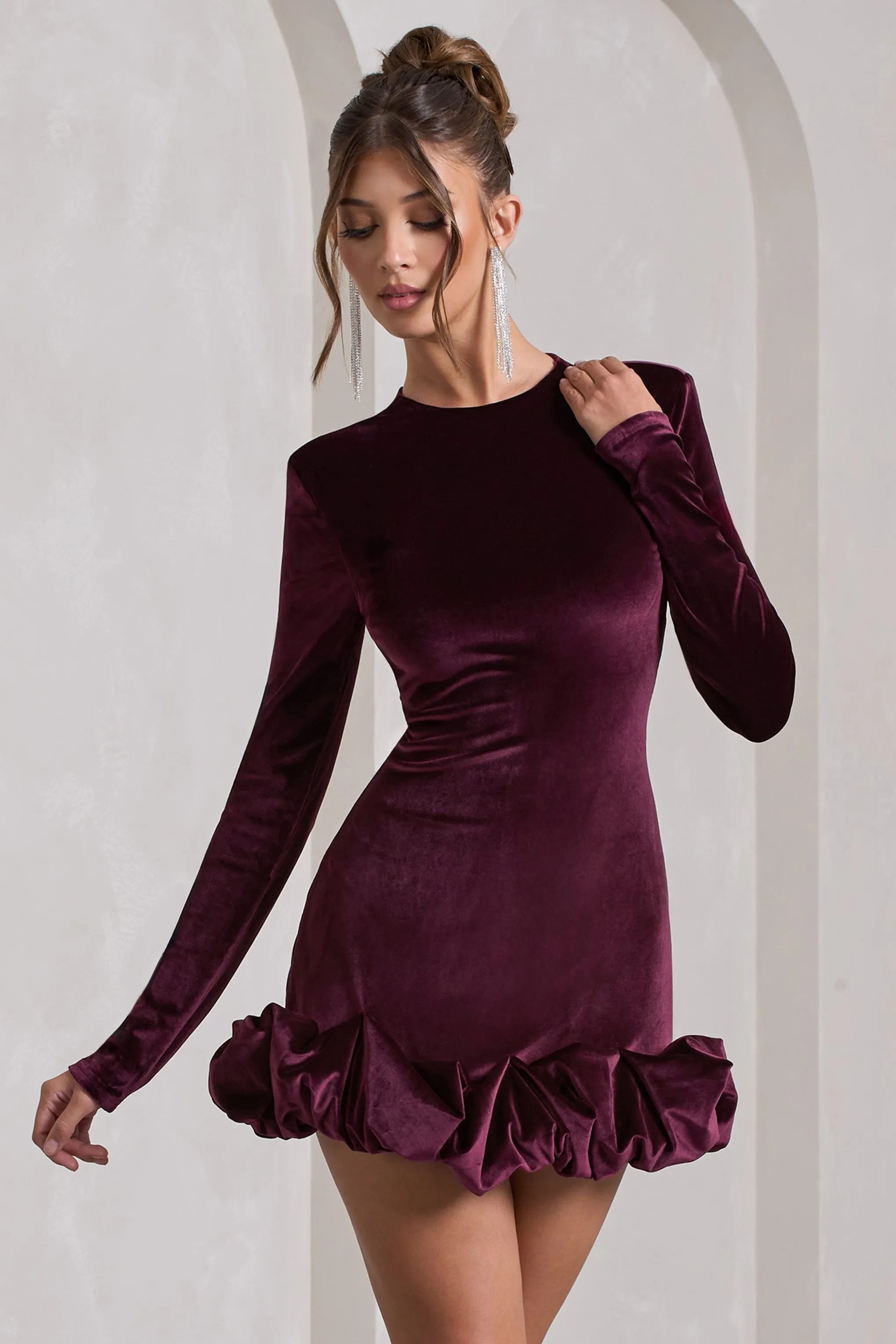 Claudine | Port Velvet Long-Sleeved Ruffled Mini Dress sold by Club L London product image thumbnail 5